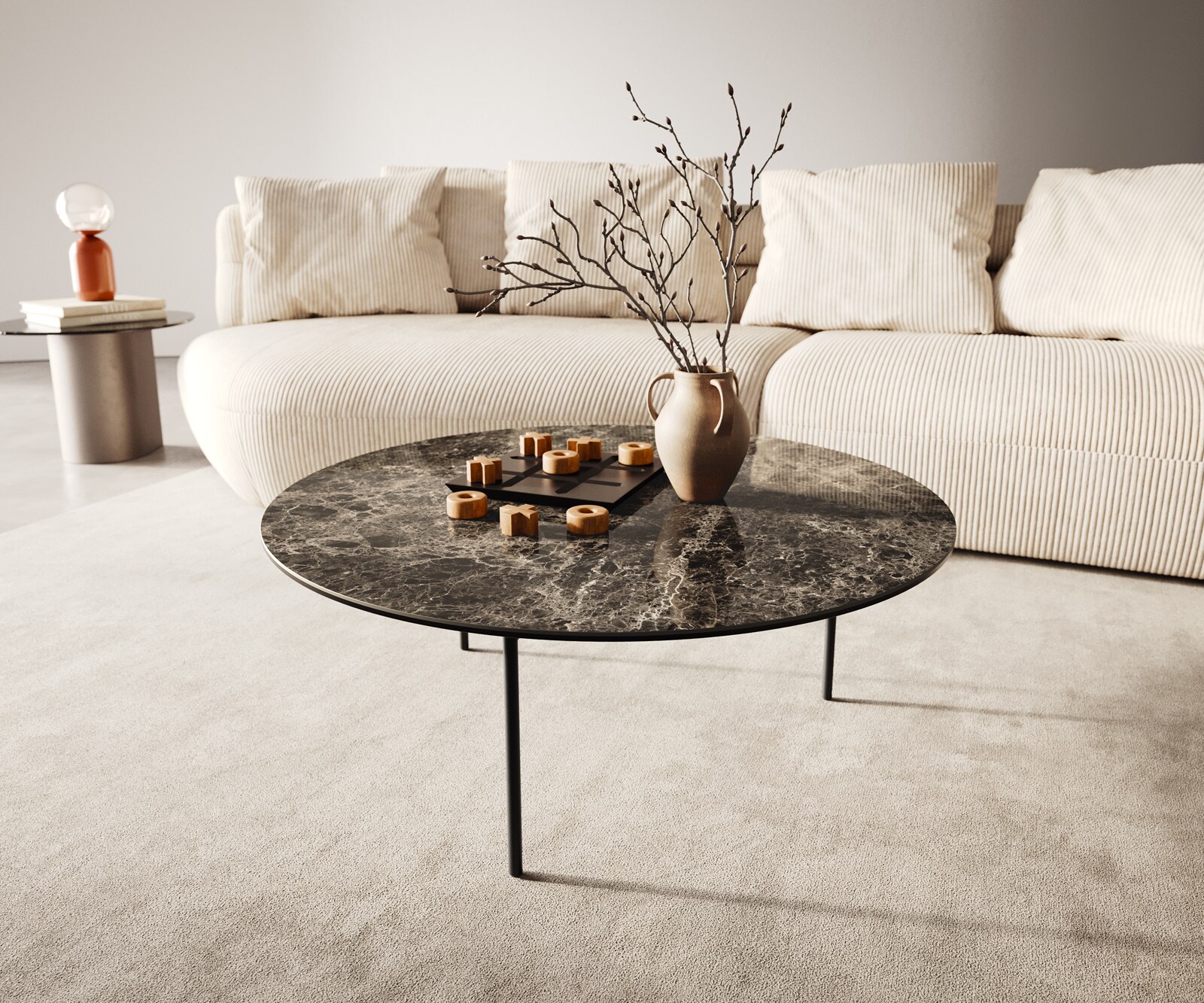Salontafel Edge rond 90x90 cm keramiek Laminam® Emperador Extra Lucidato donkerbruin Trive zwart metaal 1