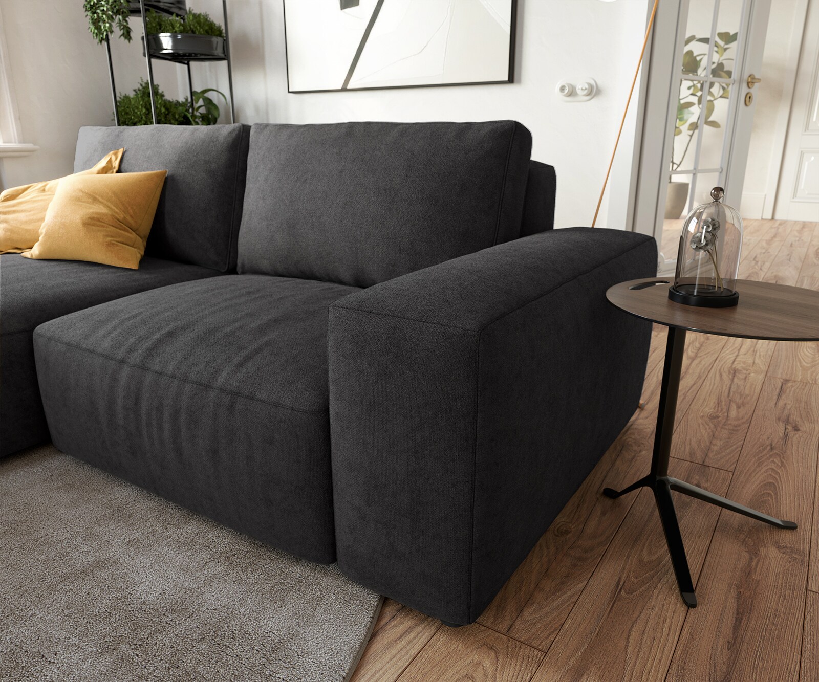 Hoeksofa Lanzo 230x155 cm microvezel zwart met variabele recamière en hocker 4