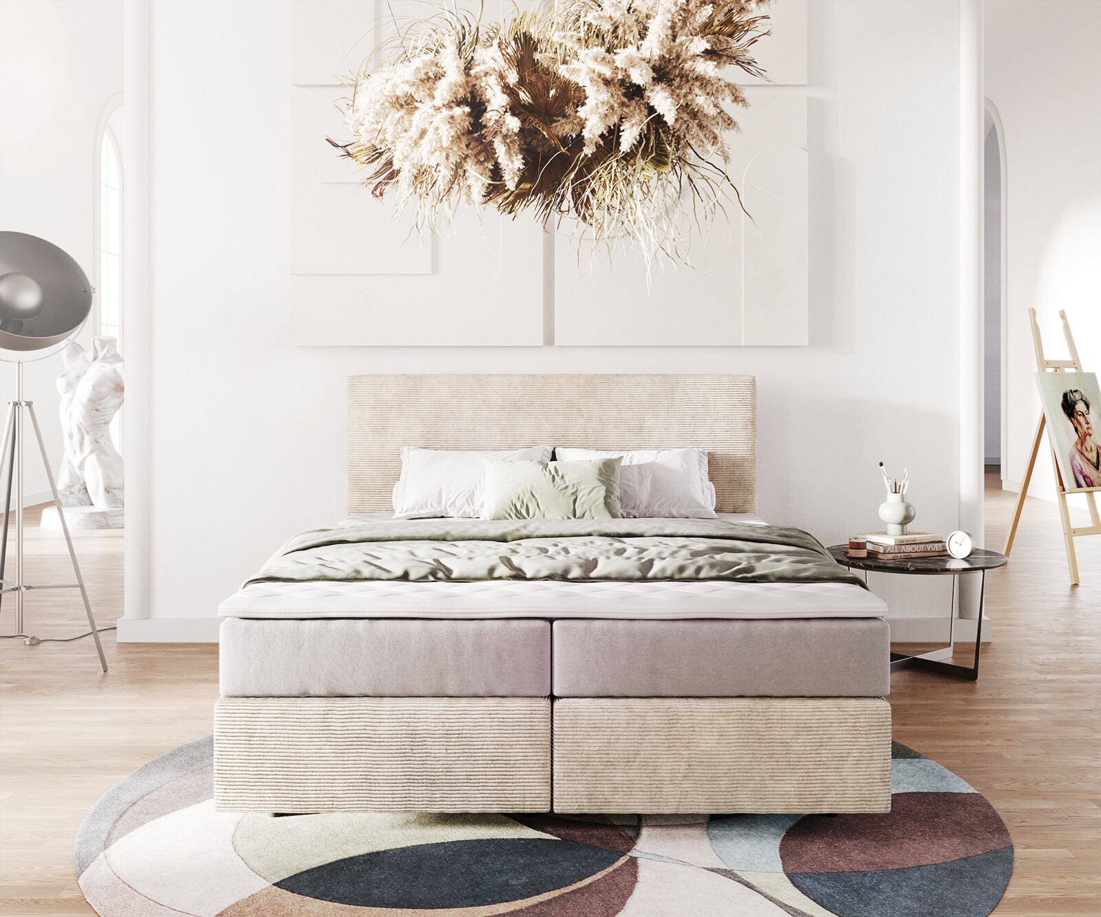 Boxspringbed Dream-Well 160x200 cm Cord Beige met Pocketveringmatras en Topper Visco 1