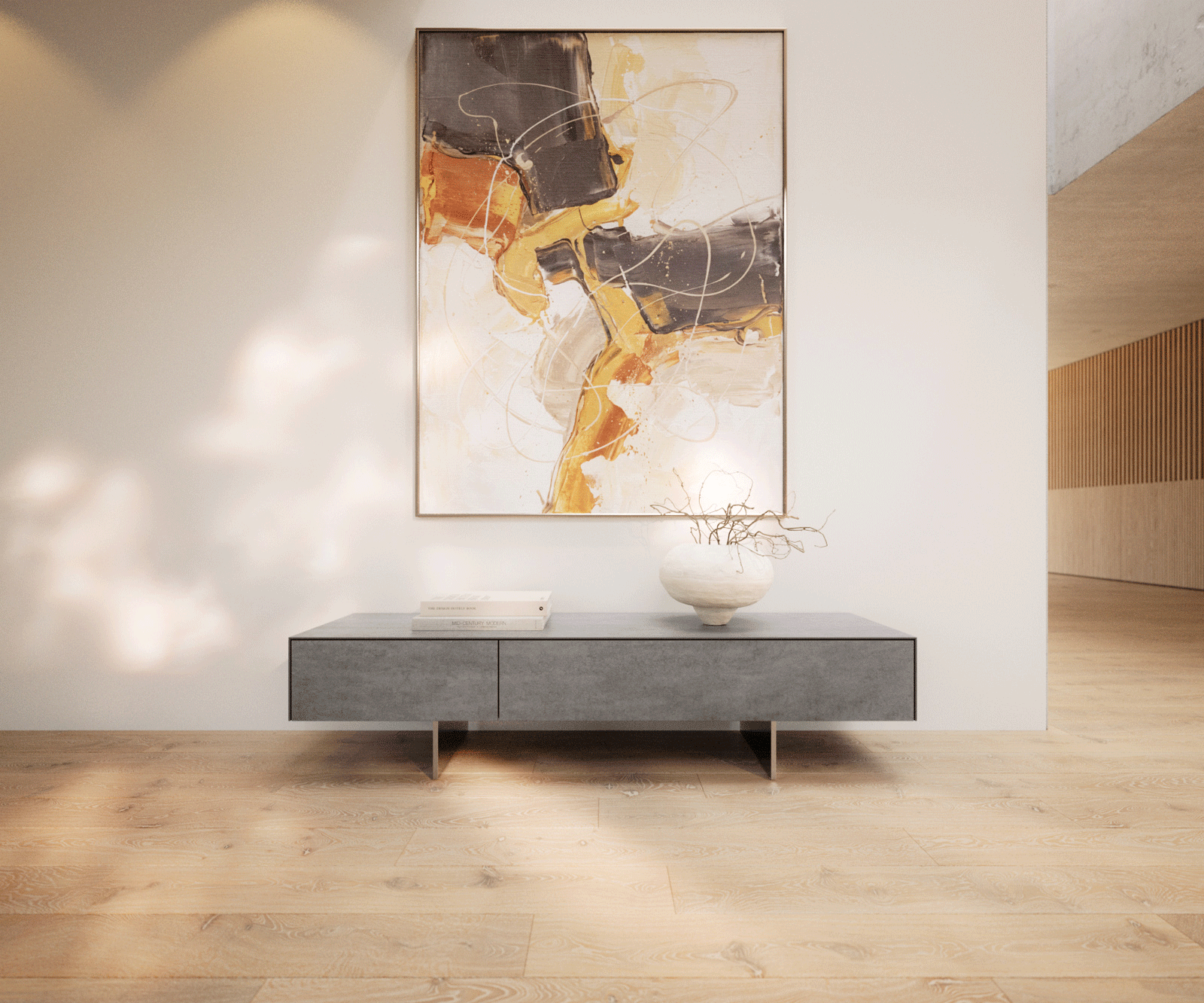 Tv-meubel Cuor 150 cm Keramiek Beton Grijs 1 Flap 1 Laden Zwevende voet look Roestvrij staal 2