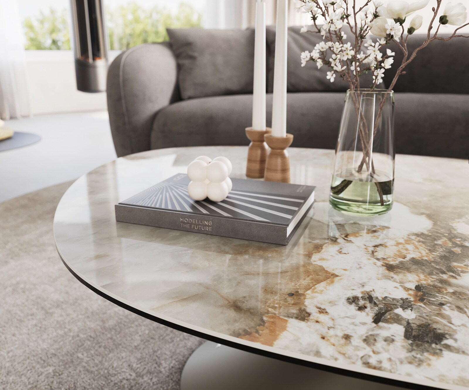 Salontafel Edge Oval 140x75 cm keramiek Minas Melange Conis Metall effectafwerking titaan 6