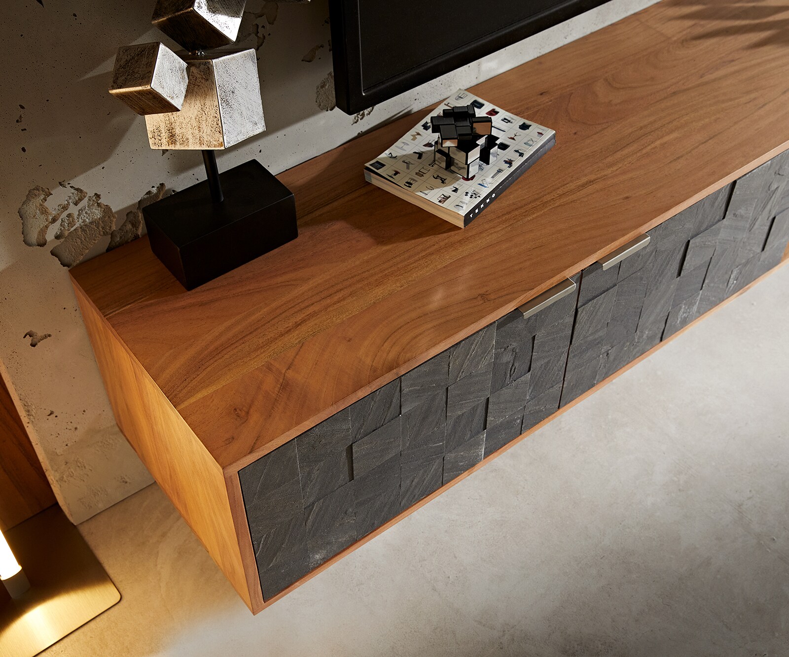 Tv-meubel Teele 160 cm acacia natuurleisteen 2 deuren zwevend 3 Tv-meubel Teele 160 cm acacia natuurleisteen 2 deuren zwevend 3