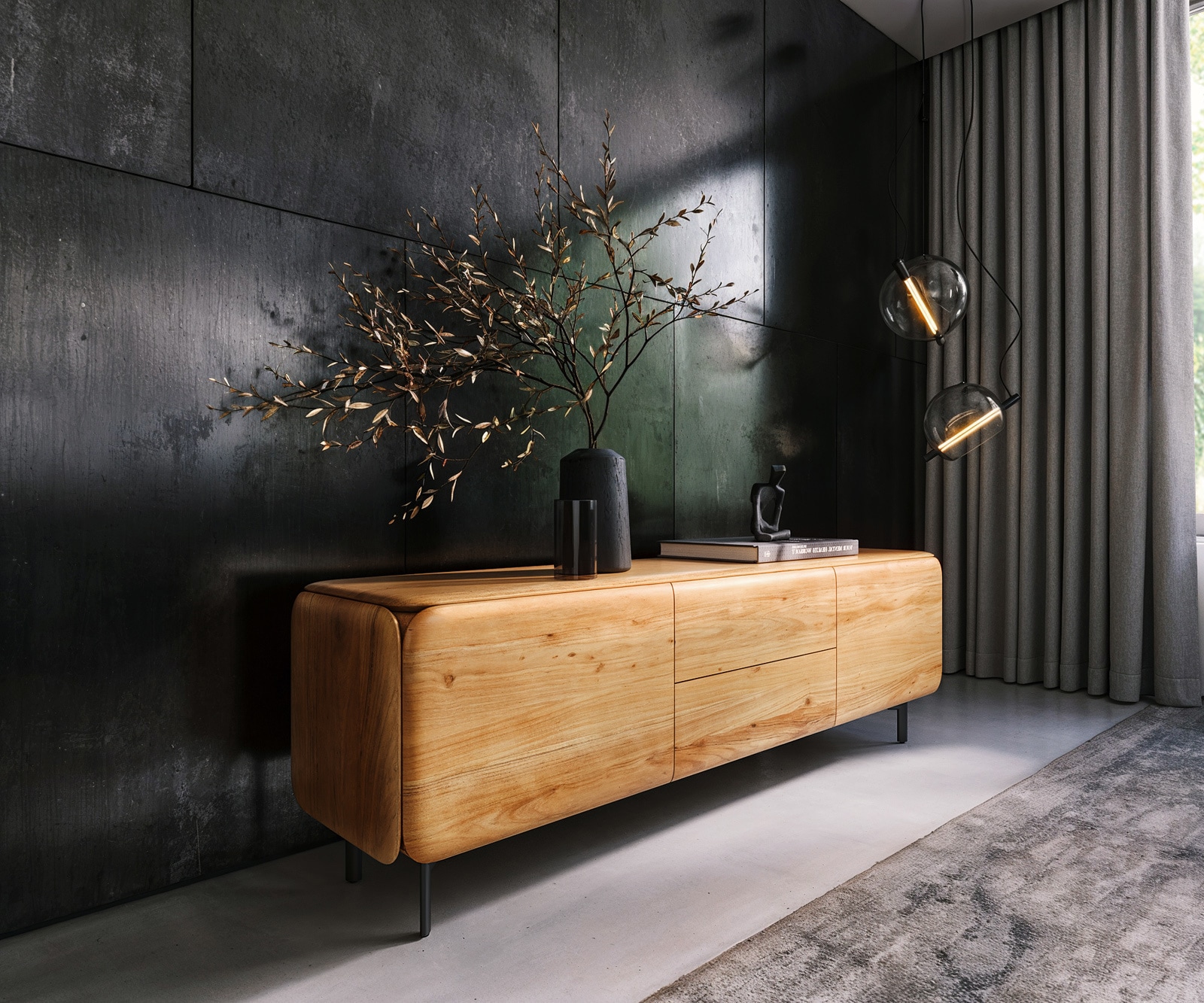 TV-meubel Shavani 175 cm acacia natuur 2 deuren 2 lades ovale metalen poot zwart TV-meubel Shavani 175 cm acacia natuur 2 deuren 2 lades ovale metalen poot zwart