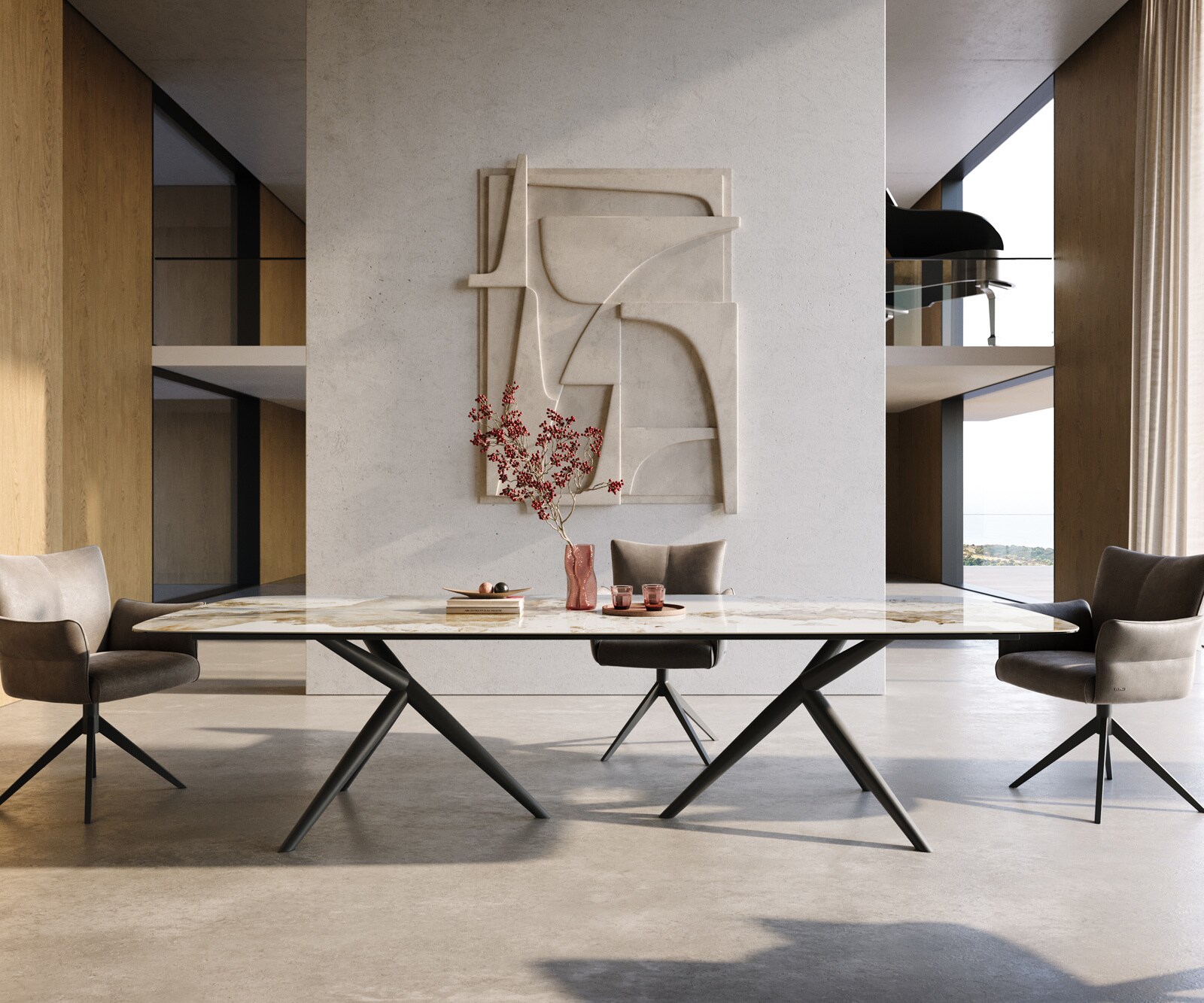 Eettafel Edge Boot 300x120 cm Keramiek Minas Melange Wit-Beige Estelar rond Metaal Zwart 2