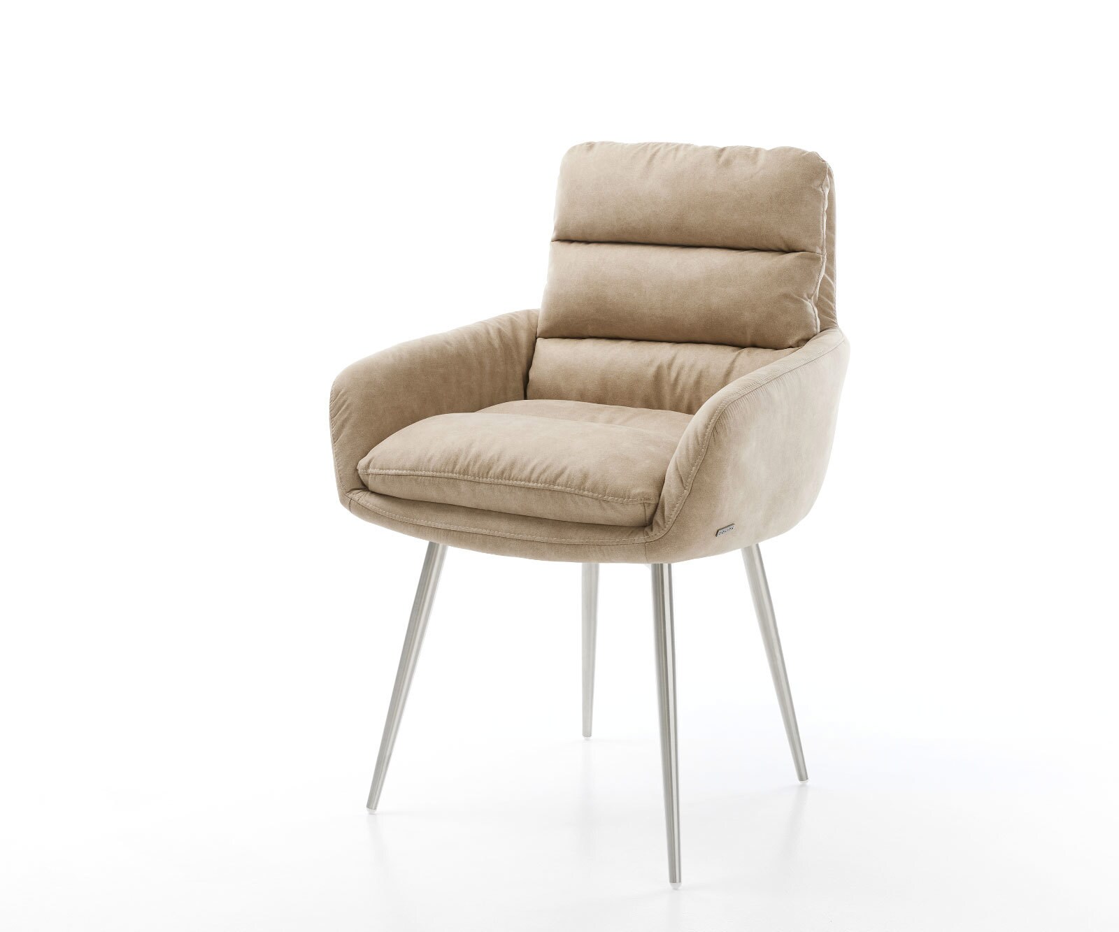 Eetkamerstoel Abelia-Flex met armleuning microvelours beige vintage 4-poot conisch roestvrij staal