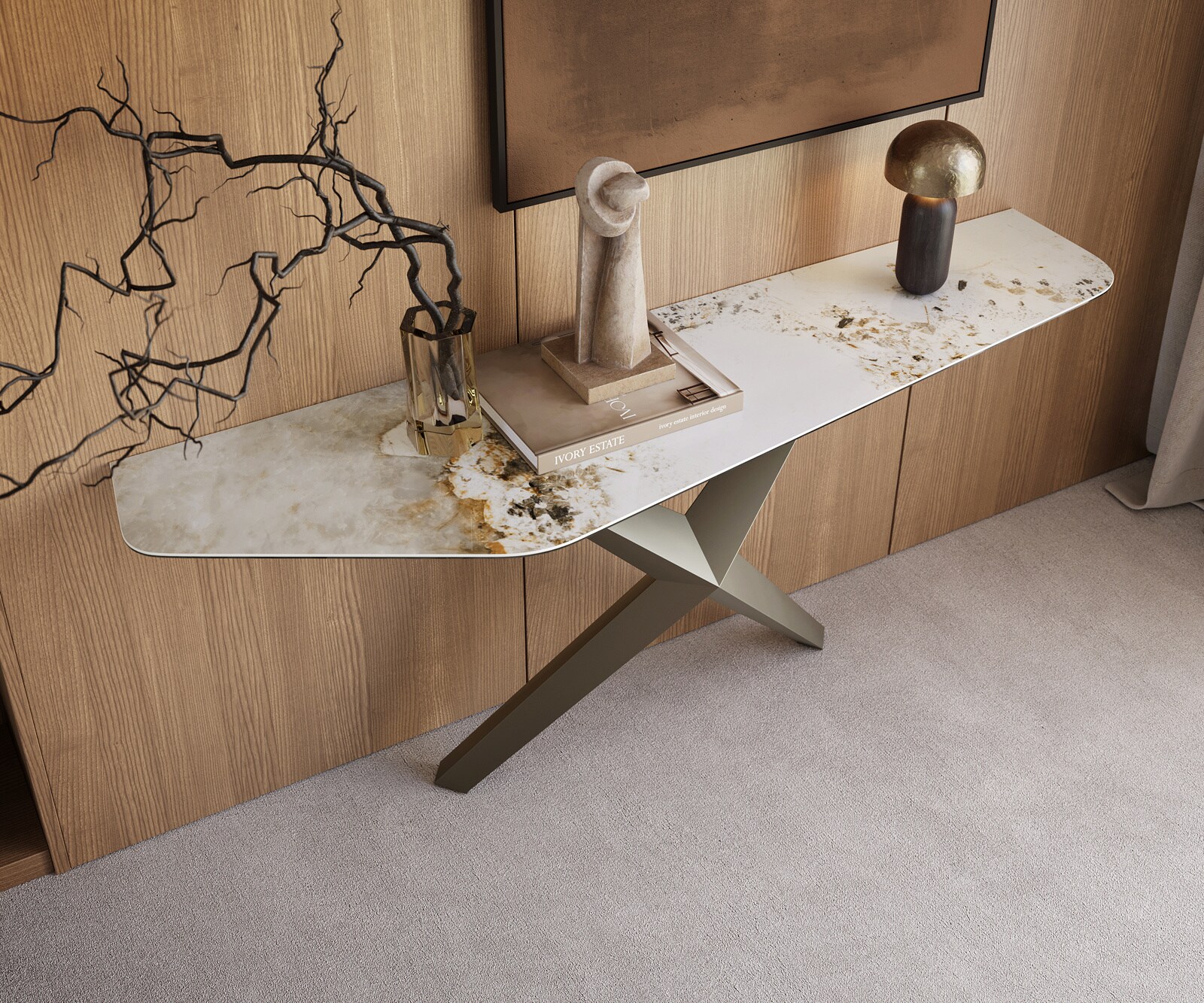 Consoletafel Edge Polygonaal 180x50 cm Keramiek Minas Melange Weiß-Beige Zentharo Metaal Effektfinish Titan 2