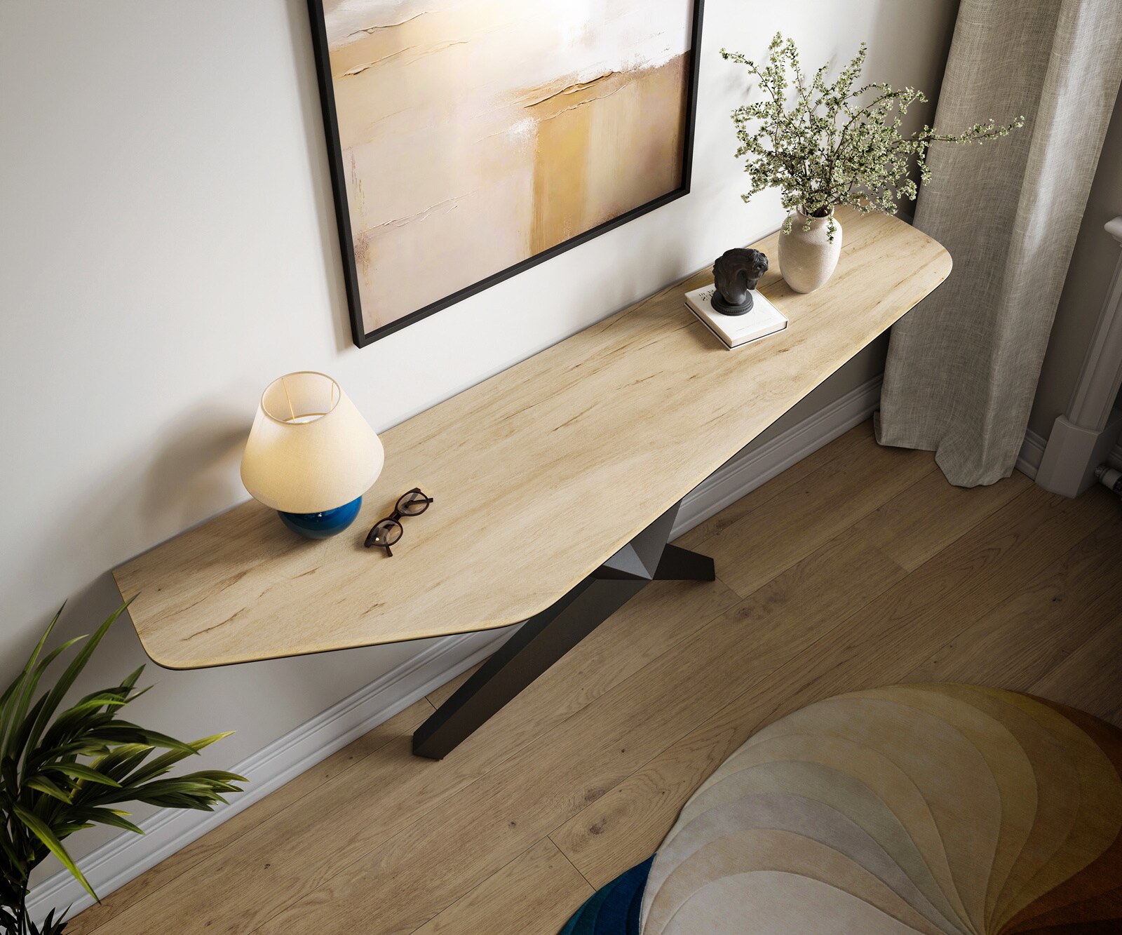 Consoletafel Edge Polygonaal 180x50 cm Keramiek Laminam® Sabbia Eichefarbig Zentharo Metaal Zwart 2