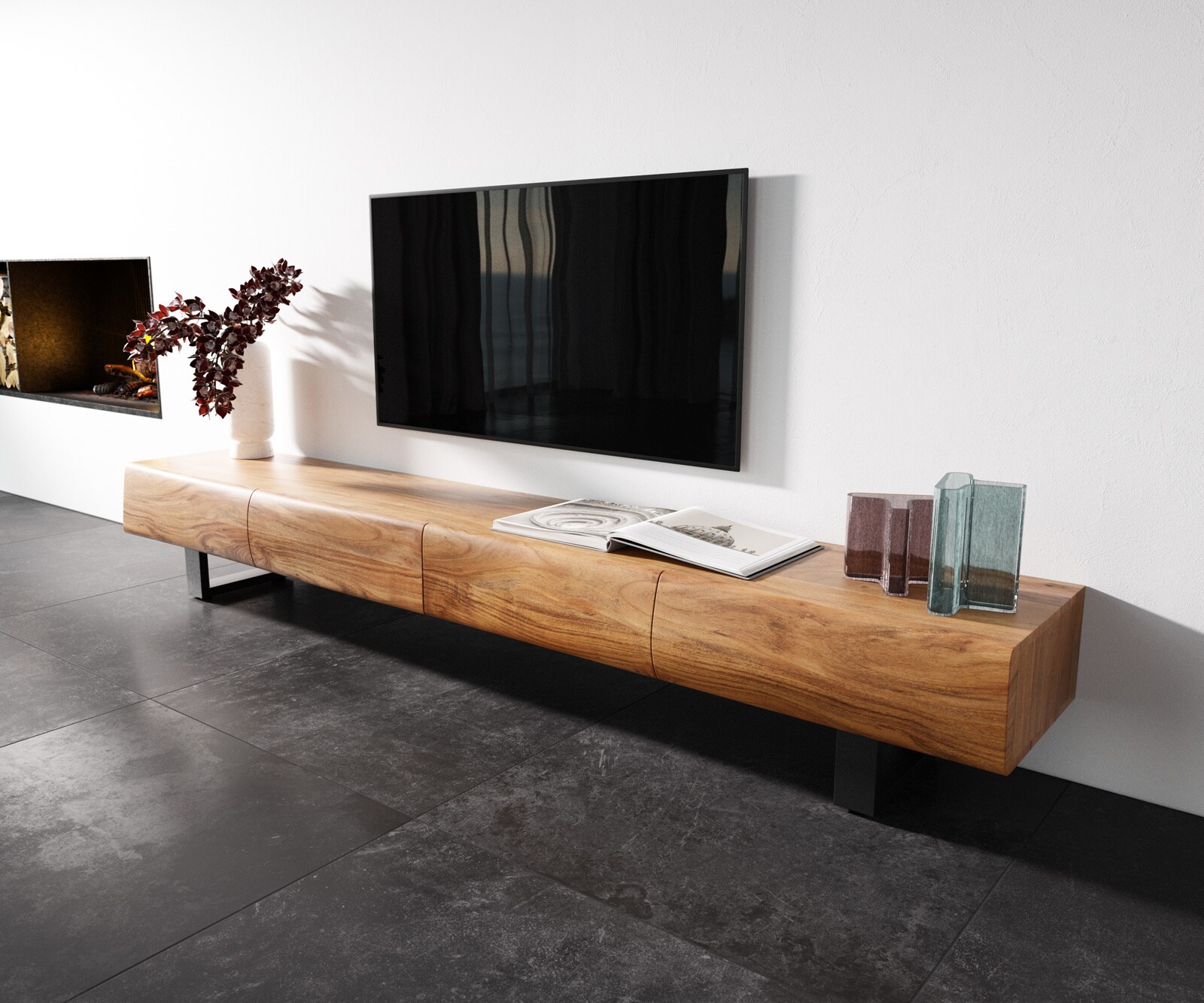 TV-meubel New Live-Edge 240 cm acacia natuur 4 schuiflades poot metaal zwart