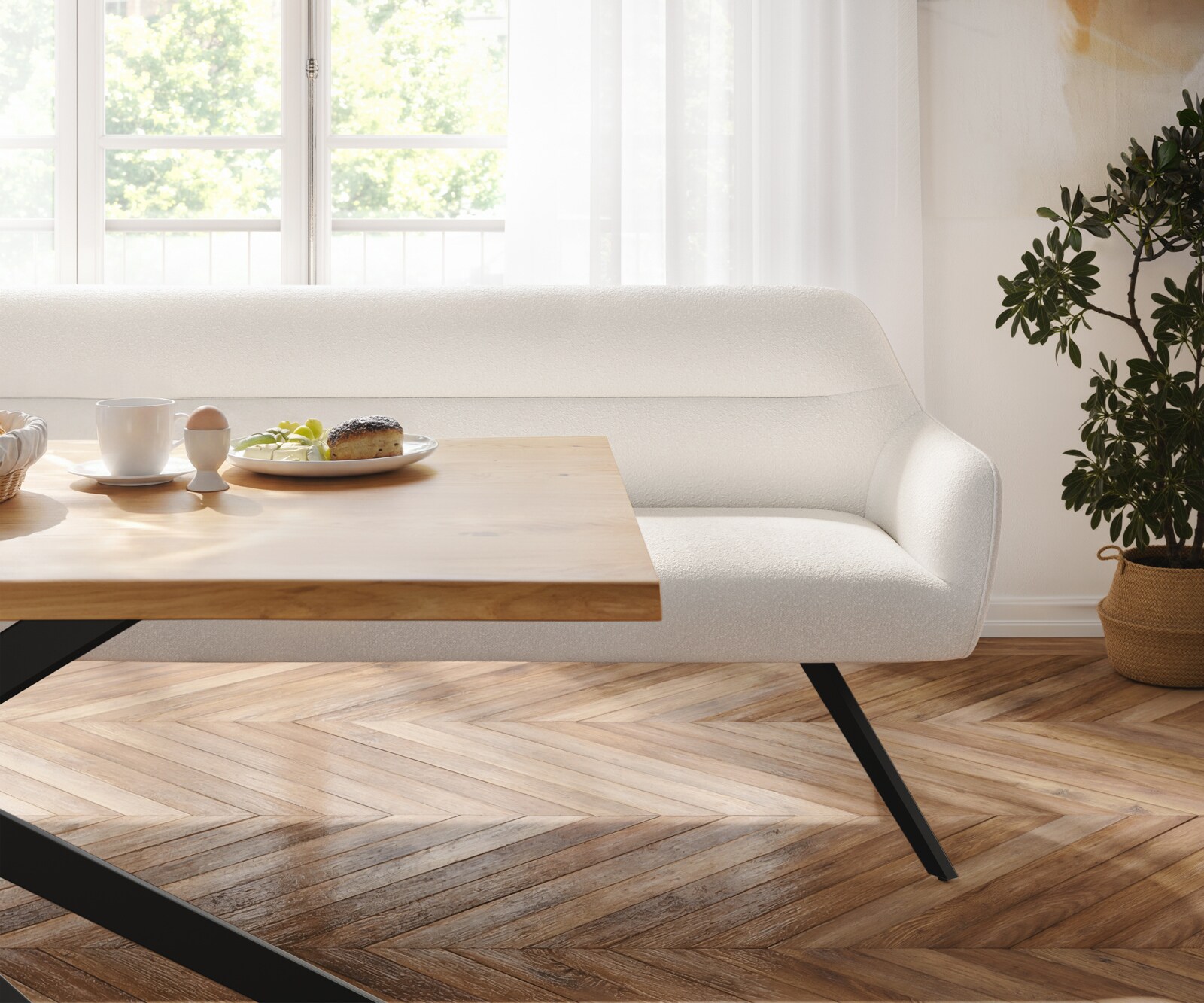 Eetkamerbank Taya-Flex 200 cm bouclé crème-wit hoekig kruisframe zwart pocketvering 4