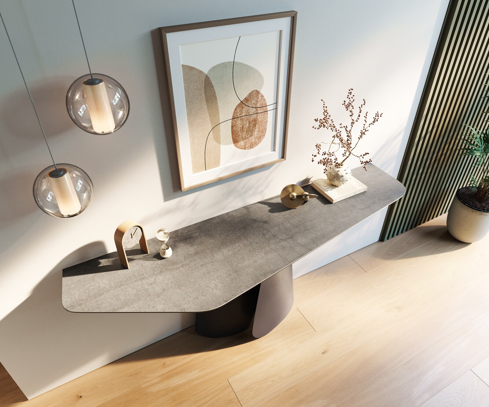 Consoletafel Edge Polygonaal 180x50 cm Keramiek Betongrijs Livos Metaal Zwart 2