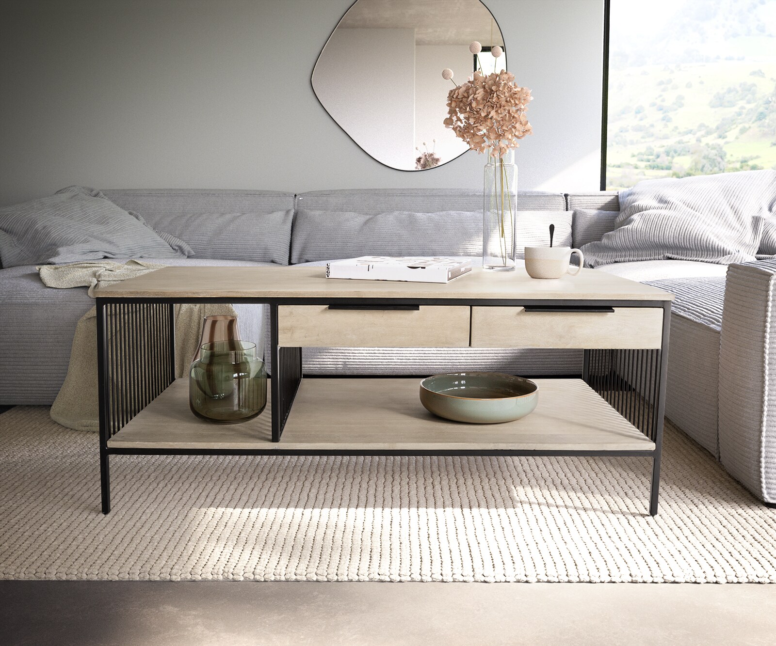 Salontafel Libina 120x60 cm Mango White Wash metaal zwart 2 laden 1 Salontafel Libina 120x60 cm Mango White Wash metaal zwart 2 laden 1