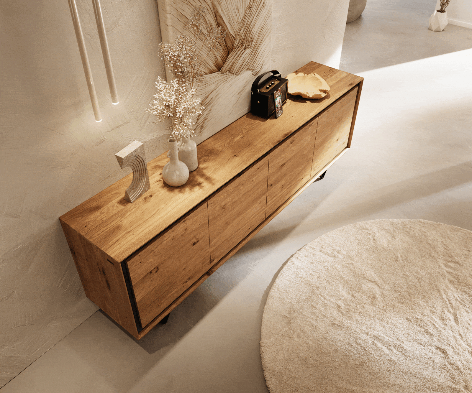 Dressoir Stonegrace 200 cm natuur eiken 4 deuren steenfineer V-poot metaal zwart 3