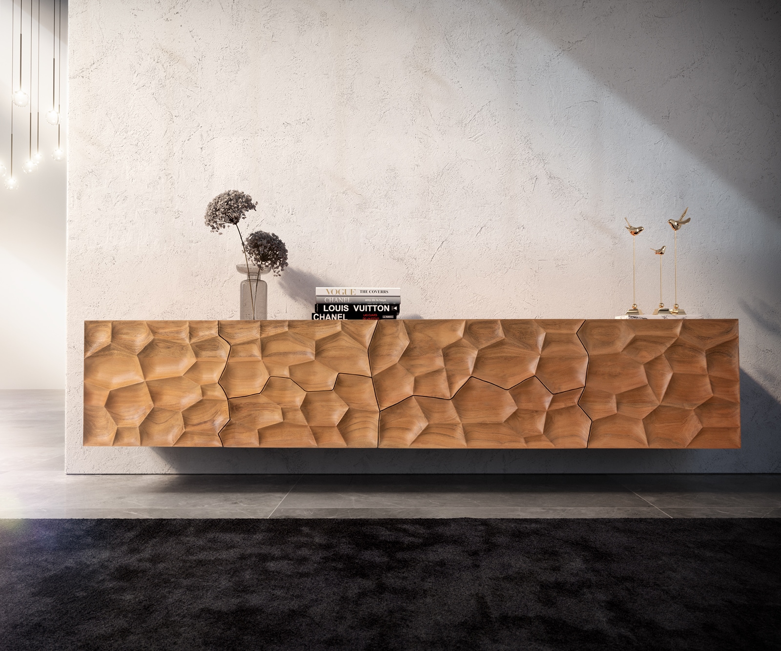 Tv-meubel Solu 220 cm acacia natuur 2 deuren 4 laden zwevend 3D front 1 Tv-meubel Solu 220 cm acacia natuur 2 deuren 4 laden zwevend 3D front 1