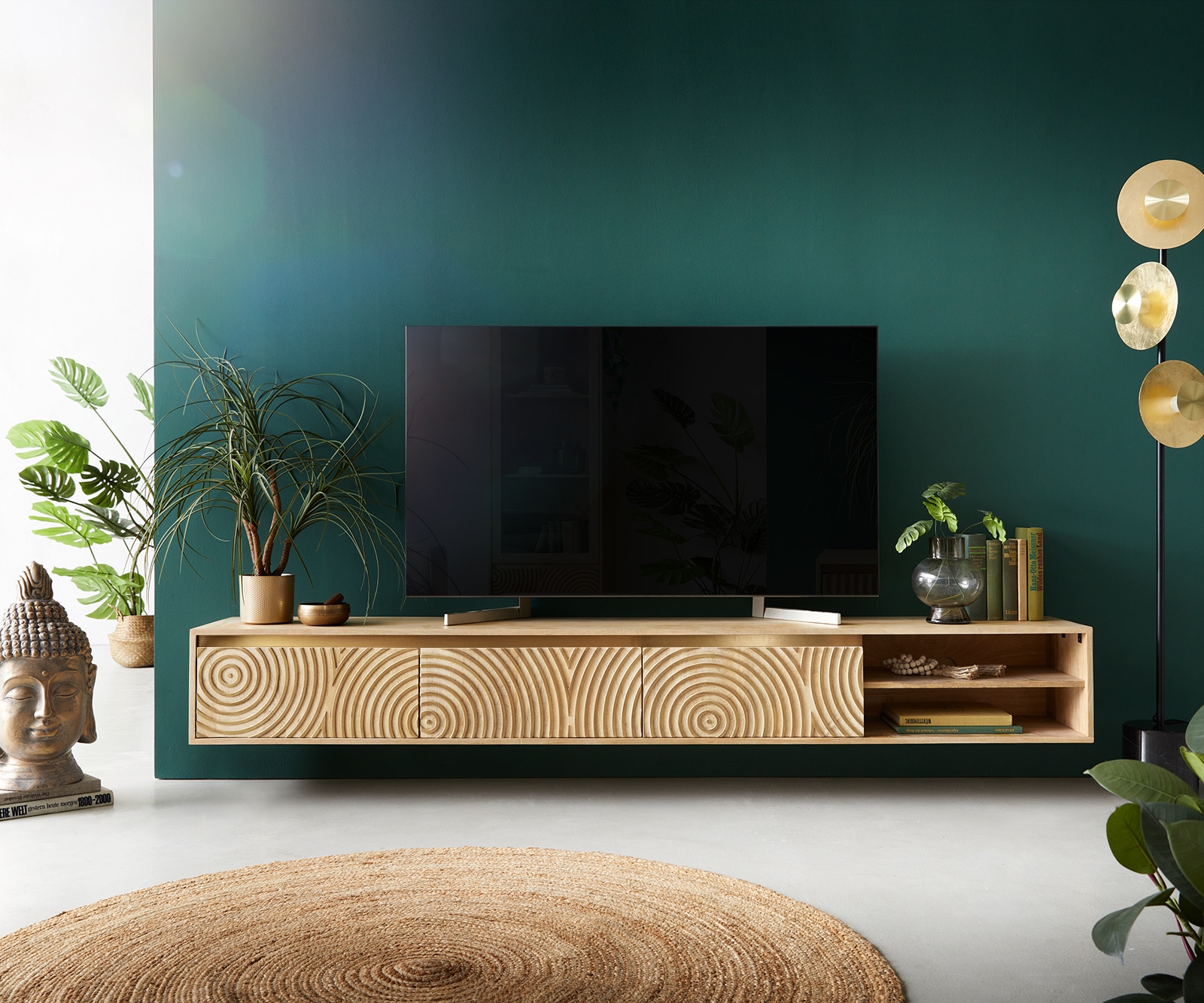 Tv-meubel Budaya 220 cm mango natuur 3 deurs zwevend 1 Tv-meubel Budaya 220 cm mango natuur 3 deurs zwevend 1
