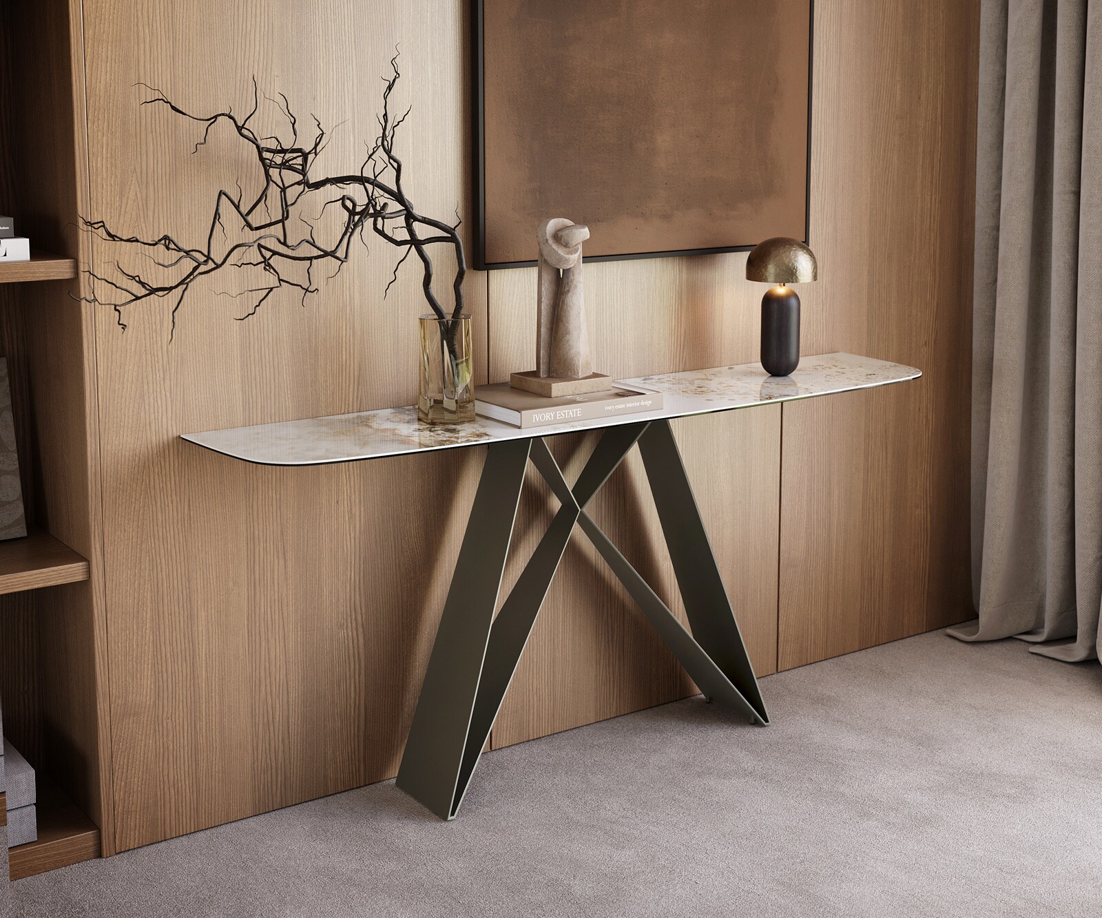 Consoletafel Edge Bootvorm 180x40 cm Keramiek Minas Melange Weiß-Beige Velio Metaal Effektfinish Titan 4