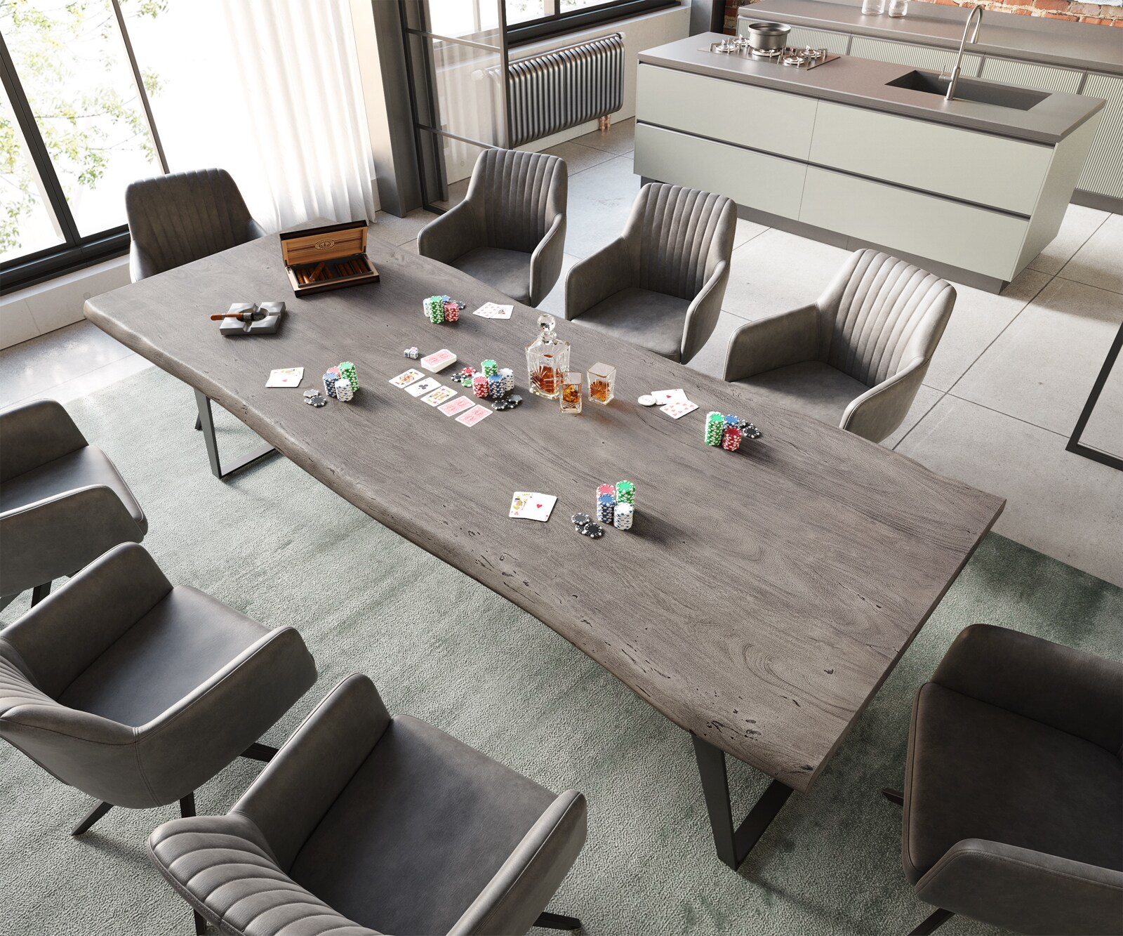 Eettafel Edge 260x100 XL acacia platina  metaal schuin zwart  Live-Edge 2