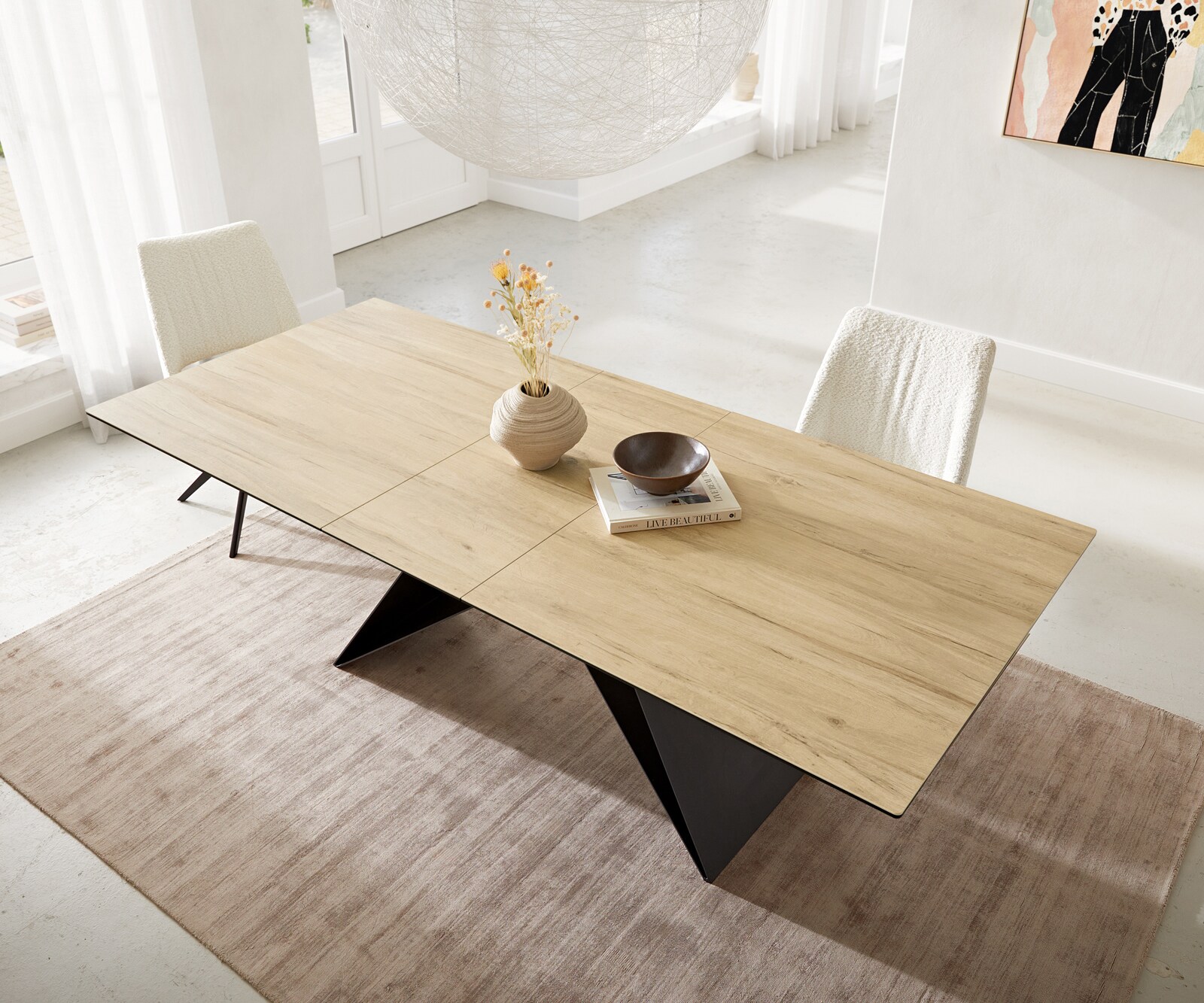 Eetkamertafel Edge 180-220x100 keramiek Laminam® Sabbia eiken kleur V-frame vlak staal zwart uitschuifbaar 3