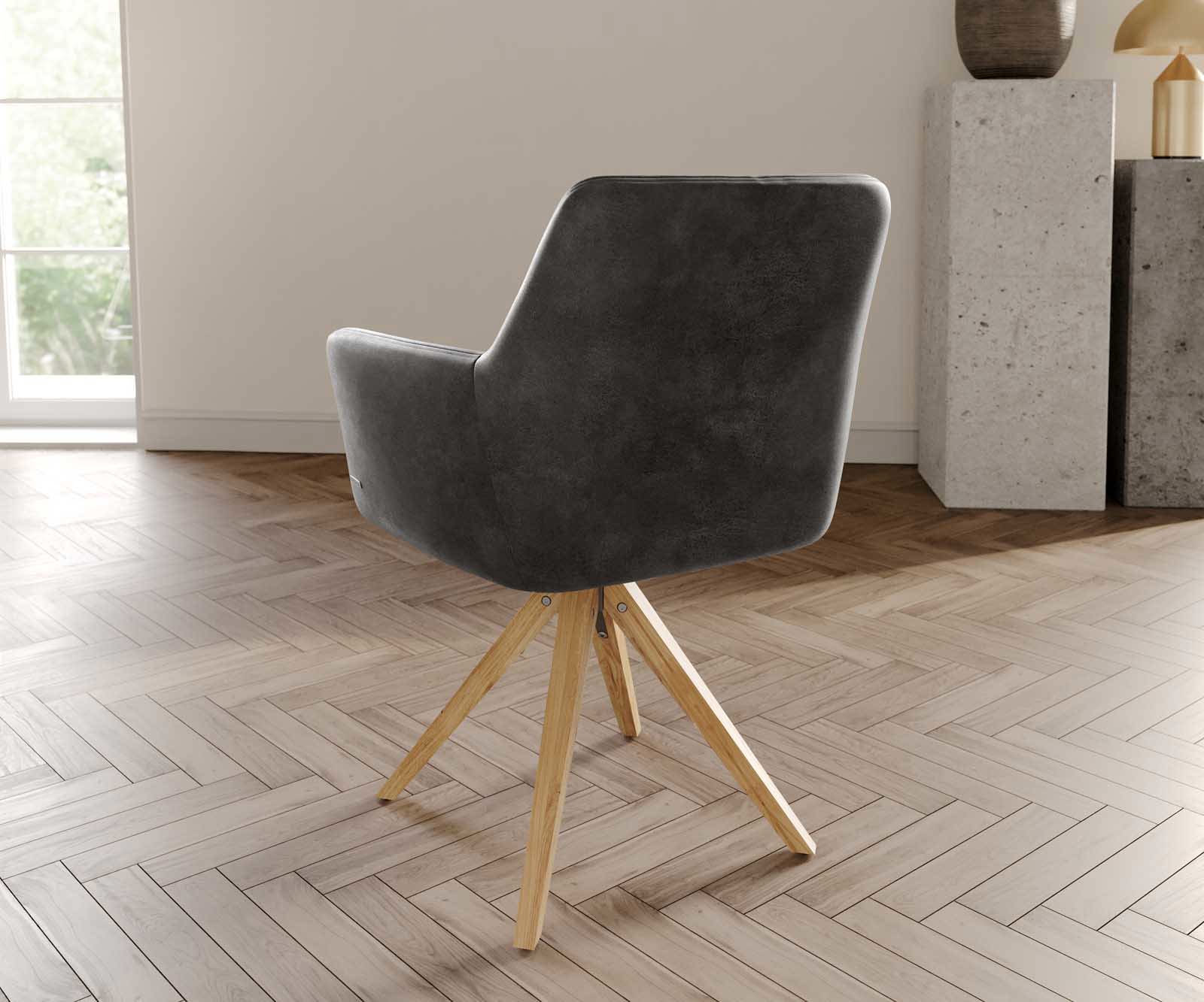 Draaistoel Xana-Flex met armleuning microvelours antraciet vintage houten frame hoekig natuur 180° draaibaar pocketveer kern 3