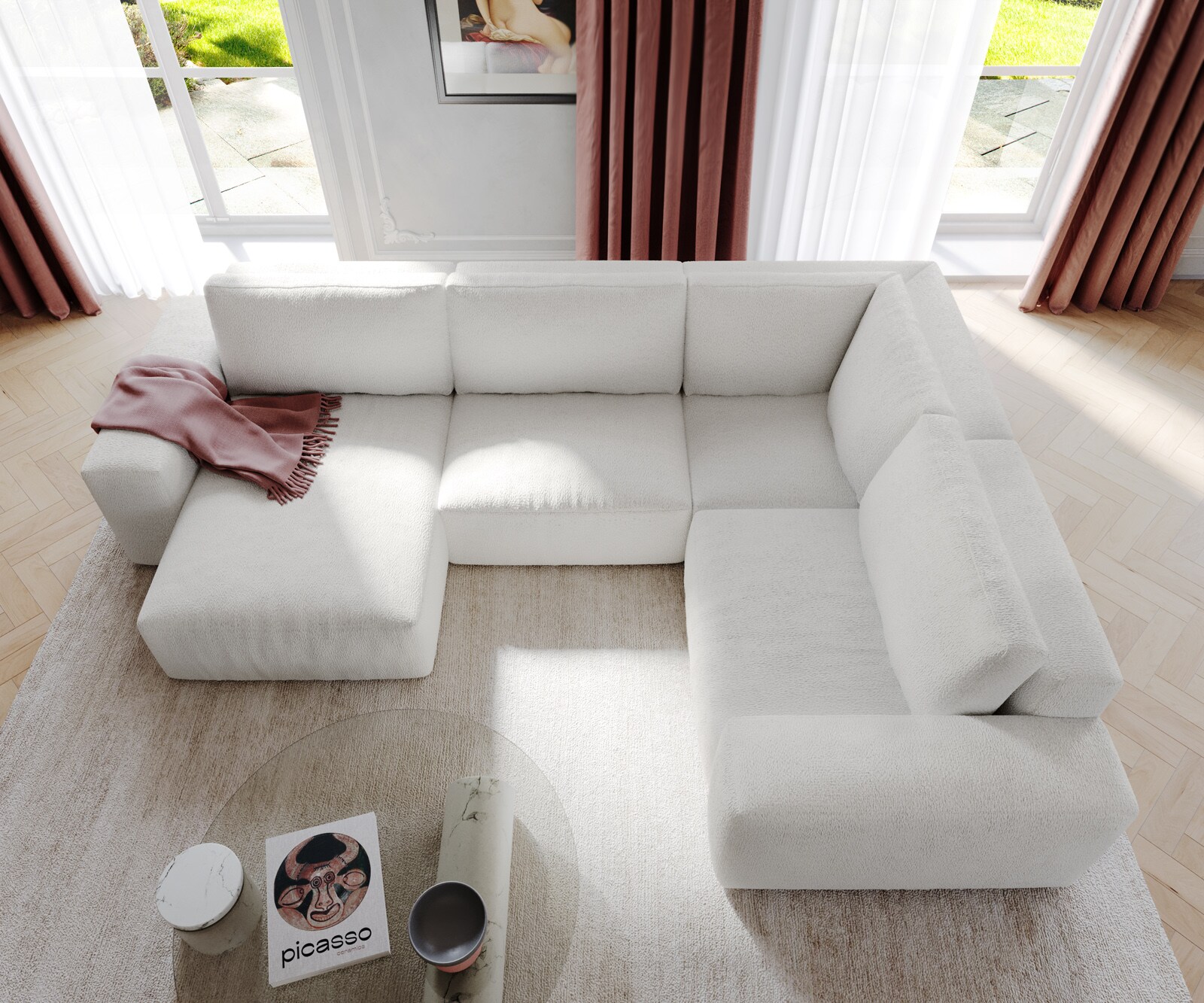 Woonlandschap Lanzo 300x210 cm bouclé crème-wit met variabele recamière en hocker 3