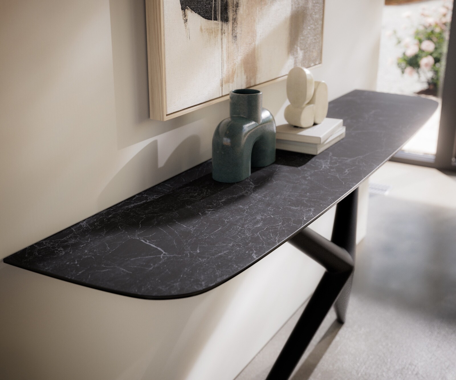 Consoletafel Edge Bootvorm 180x40 cm Keramiek Laminam® Nero Greco Anthrazit Estelo Metaal Zwart 2