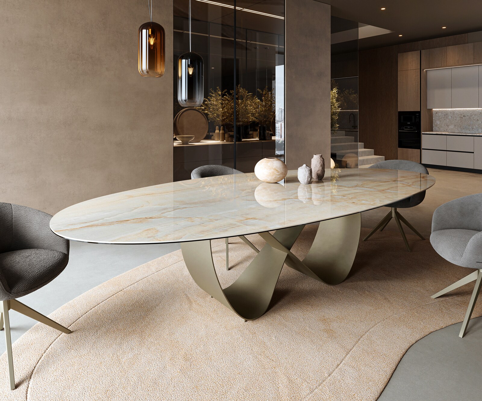 Eetkamertafel Edge Oval 315x150 cm Keramiek Iris FMG Onice Oro Infinity Metaal Effectafwerking Titan 1