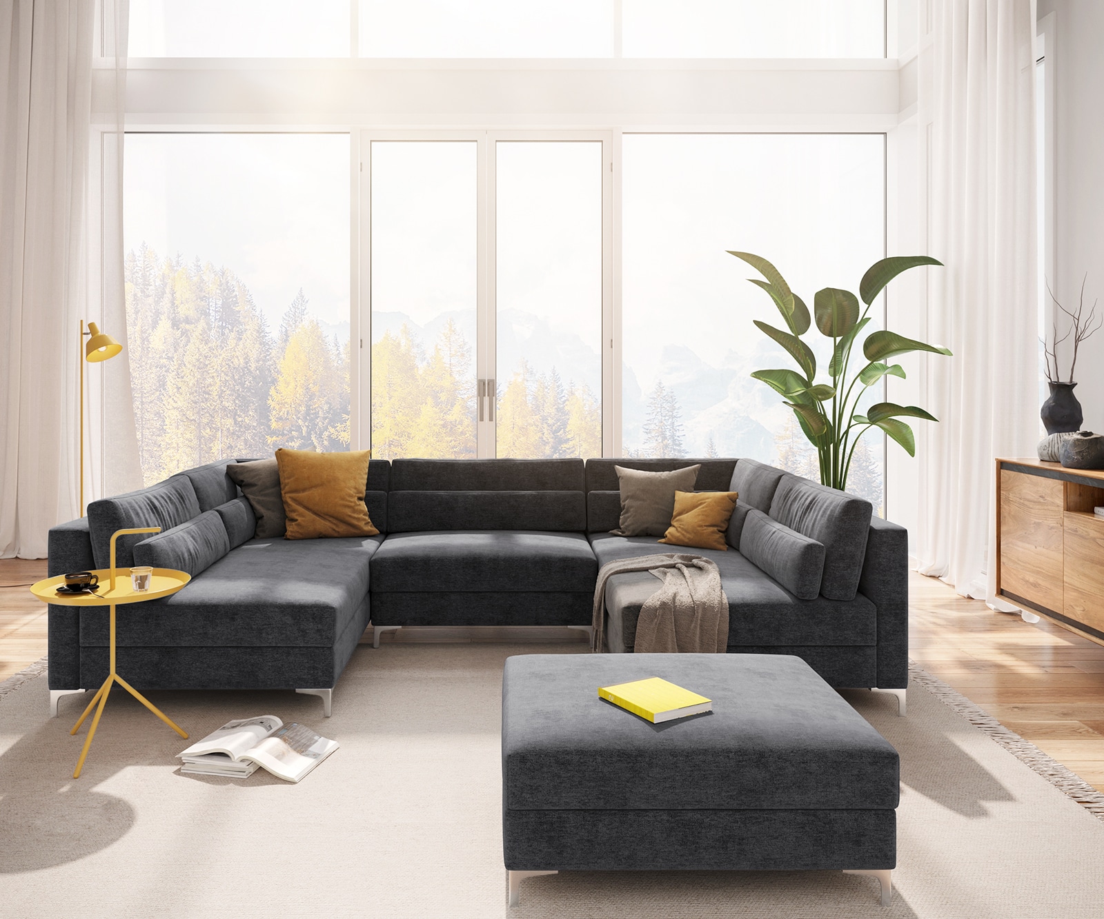 Woonlandschap Elio 300x185 cm microvezel grafiet met poef 1 Woonlandschap Elio 300x185 cm microvezel grafiet met poef 1