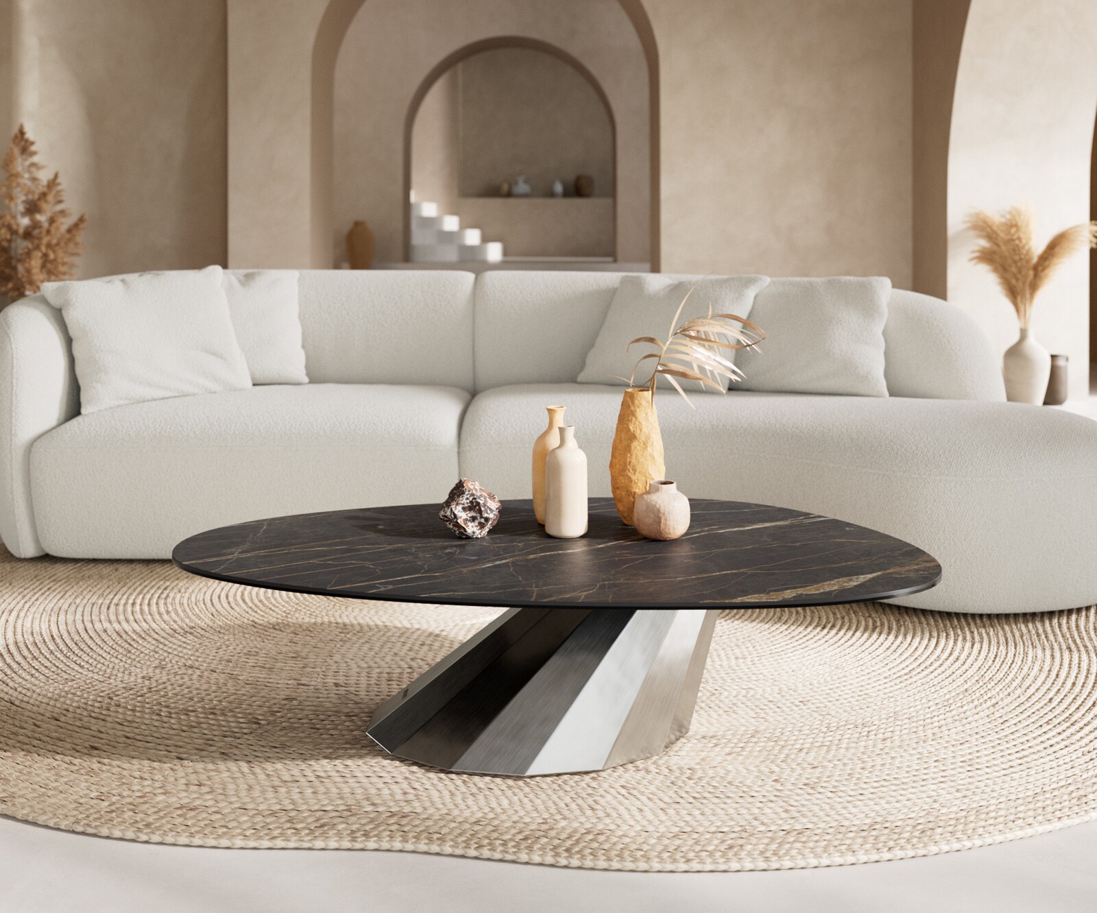 Salontafel Edge Oval 140x75 cm keramiek Laminam® Noir Desir bruin Parabi geborsteld roestvrij staal 2