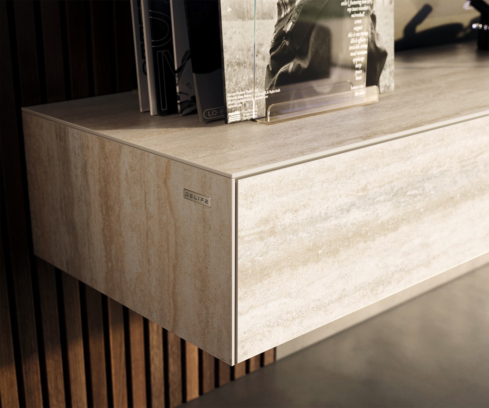 Tv-meubel Cuor 150 cm Keramiek Laminam® Travertino Bianco Crème-wit 1 Flap 1 Lade Zwevend 5