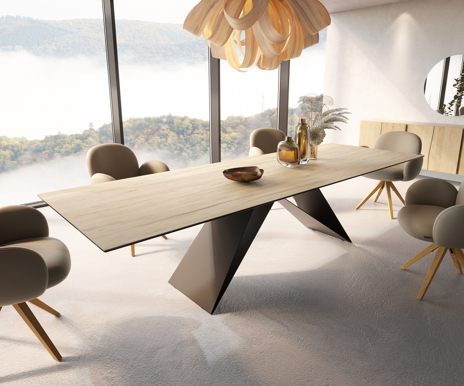 Eetkamertafel Edge 300x100 keramiek Laminam® Sabbia eiken kleur V-frame vlak staal zwart
