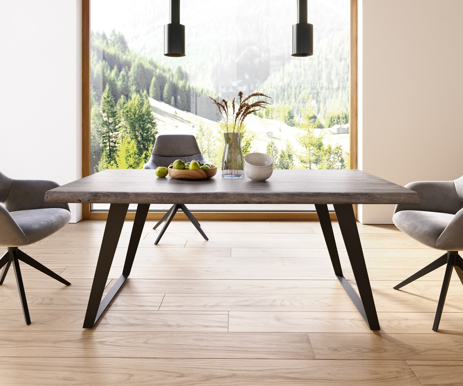 Eettafel Edge 180x90 XL acacia platina  metaal schuin zwart  Live-Edge 1