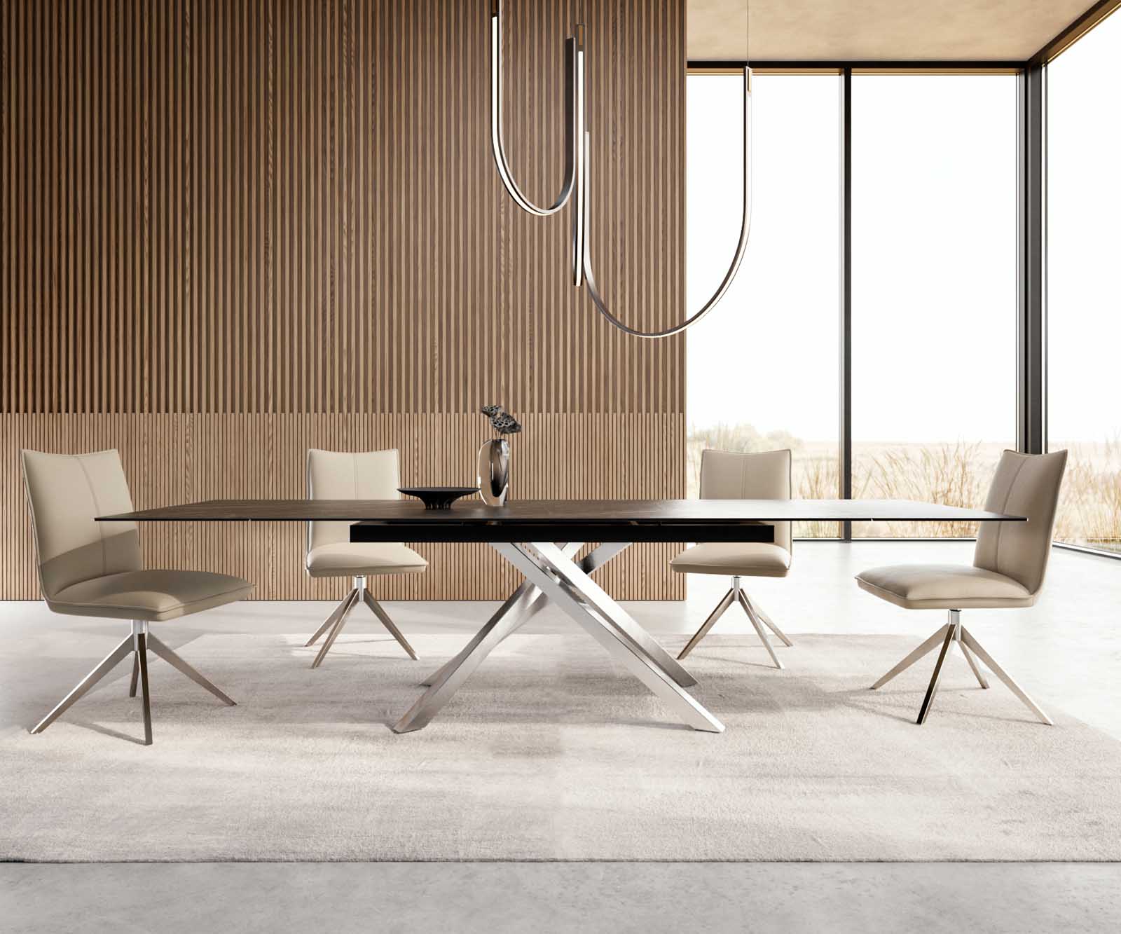 Eetkamertafel Edge 200-300x100 keramiek Laminam®Noir Desir bruin kruisframe rechthoek RVS uitschuifbaar 1