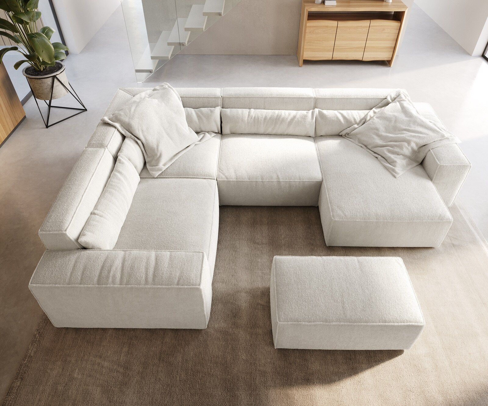 Woonkamer landschap Sirpio 300x210 cm bouclee crème-wit recamiere variabele met kruk 4