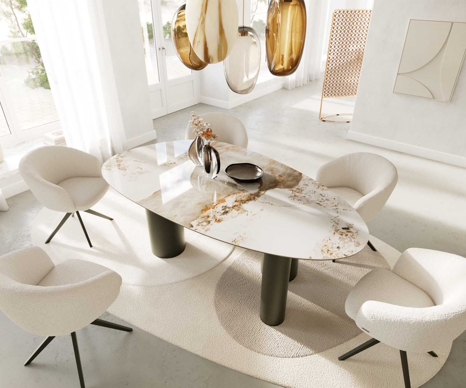 Eettafel Edge ovaal 220x120 keramiek Minas Melange wit-beige pilier metaal effect afwerking titanium