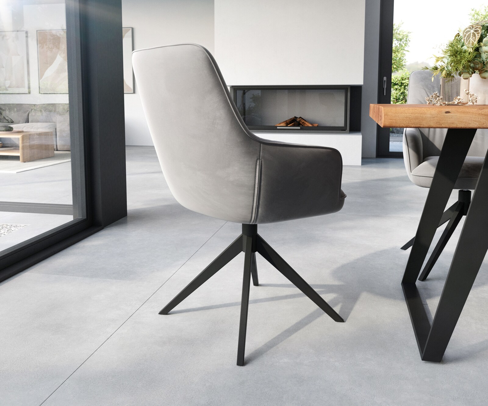 Eetkamerstoel Zelia-Flex met armleuning fluweel grijs kruisframe breed zwart pocketveer kern 4 Eetkamerstoel Zelia-Flex met armleuning fluweel grijs kruisframe breed zwart pocketveer kern 4