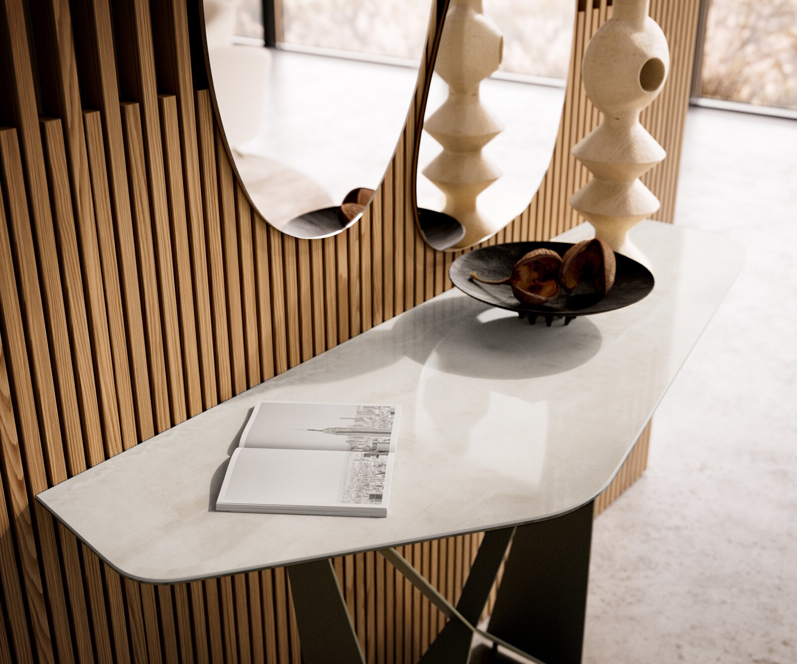 Consoletafel Edge Polygonaal 140x50 cm Keramiek Onyx Champagne Spios Metaal Effektfinish Titan 6