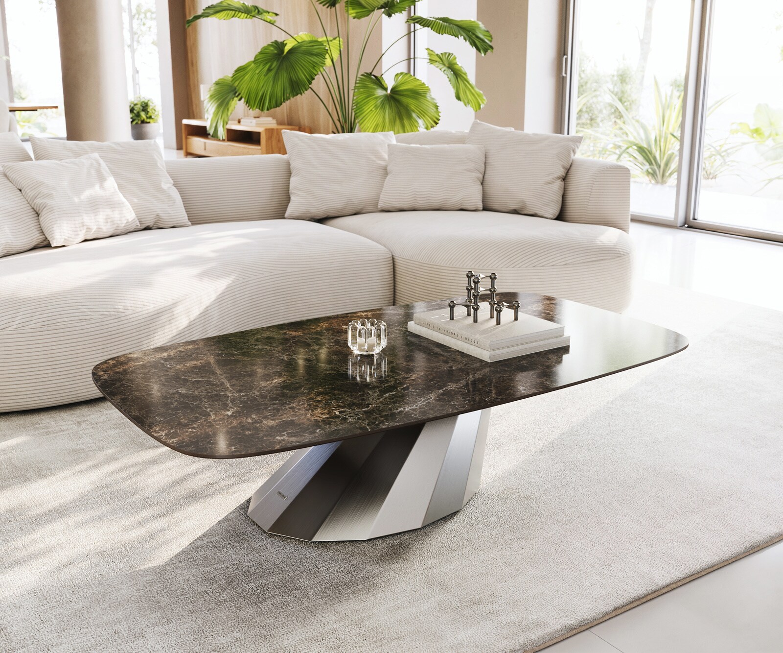 Salontafel Edge Boot 140x80 cm keramiek Laminam® Emperador Extra Lucidato donkerbruin Parabi geborsteld roestvrij staal 1