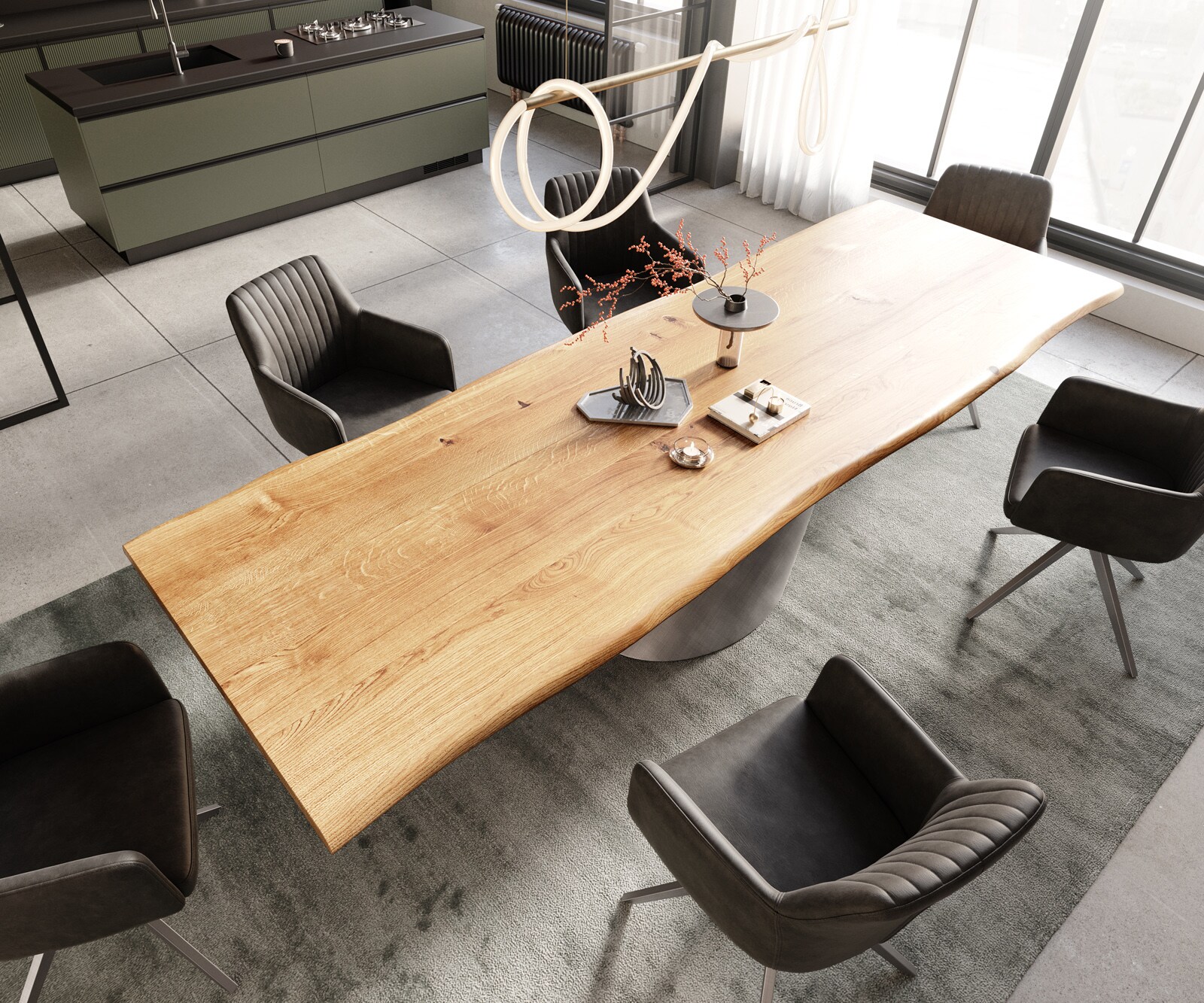 Eettafel Edge 300x100x4 eiken natuur Cono metaal zilver Live-Edge 3