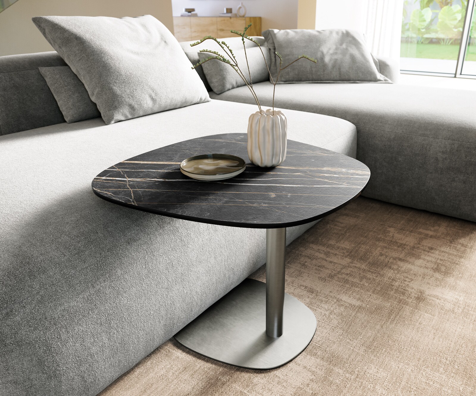 Bijzettafel Edge Boot 60x60 cm keramiek Laminam® Noir Desir bruin Eleny geborsteld roestvrij staal
