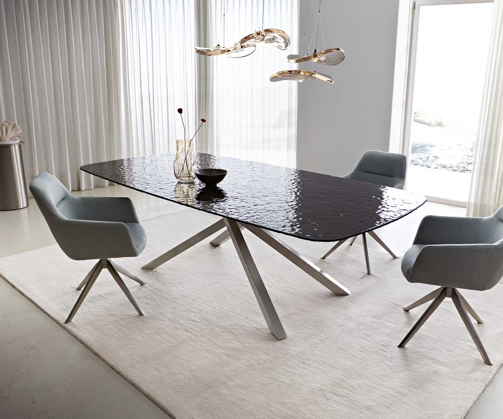 Eetkamertafel Edge Boot 240x120 Glas smelten rokerig zwart 3D-Relief kruisframe rechthoek RVS 2