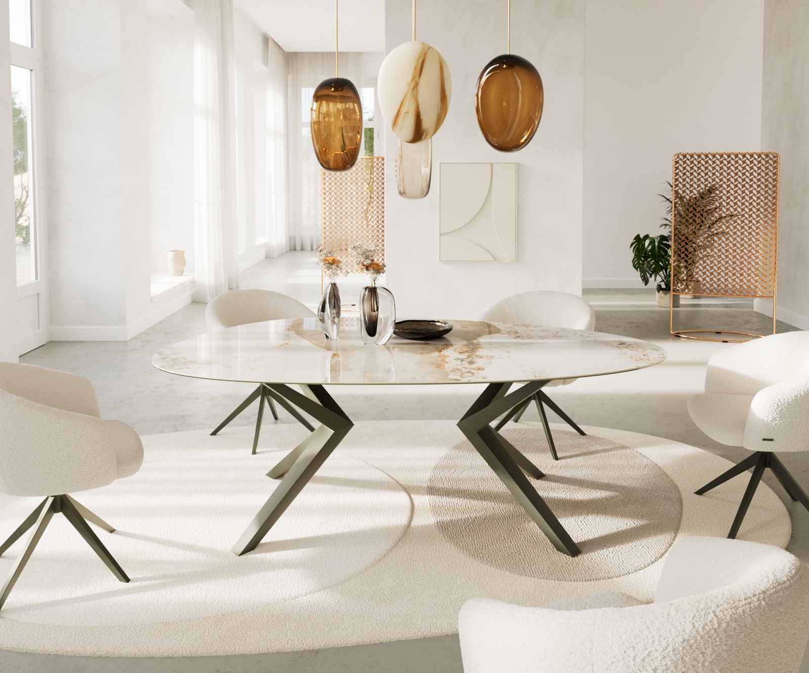 Eetkamertafel Edge ovaal 220x120 keramiek Minas Melange wit-Beige Zenthara hoekig metaal effectafwerking titaan 2