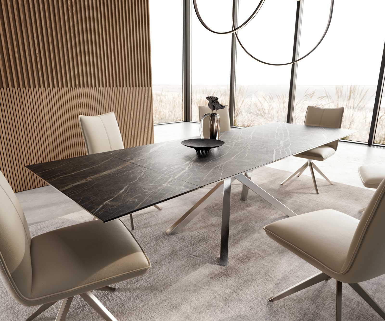 Eetkamertafel Edge 200-300x100 keramiek Laminam®Noir Desir bruin kruisframe rechthoek RVS uitschuifbaar