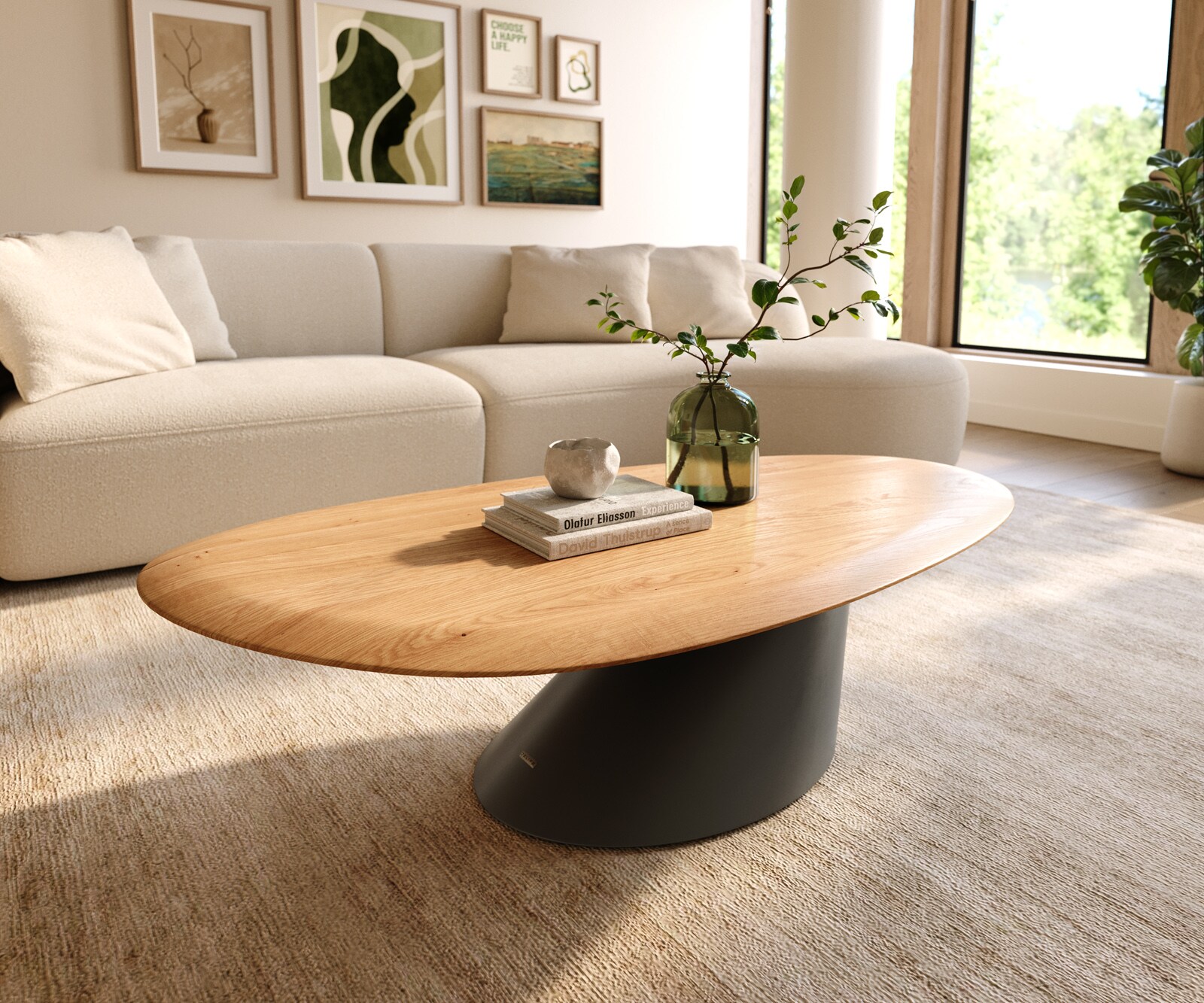 Salontafel Edge Oval 140x75 cm Eiken Naturel ronde rand Conis zwart metaal 1