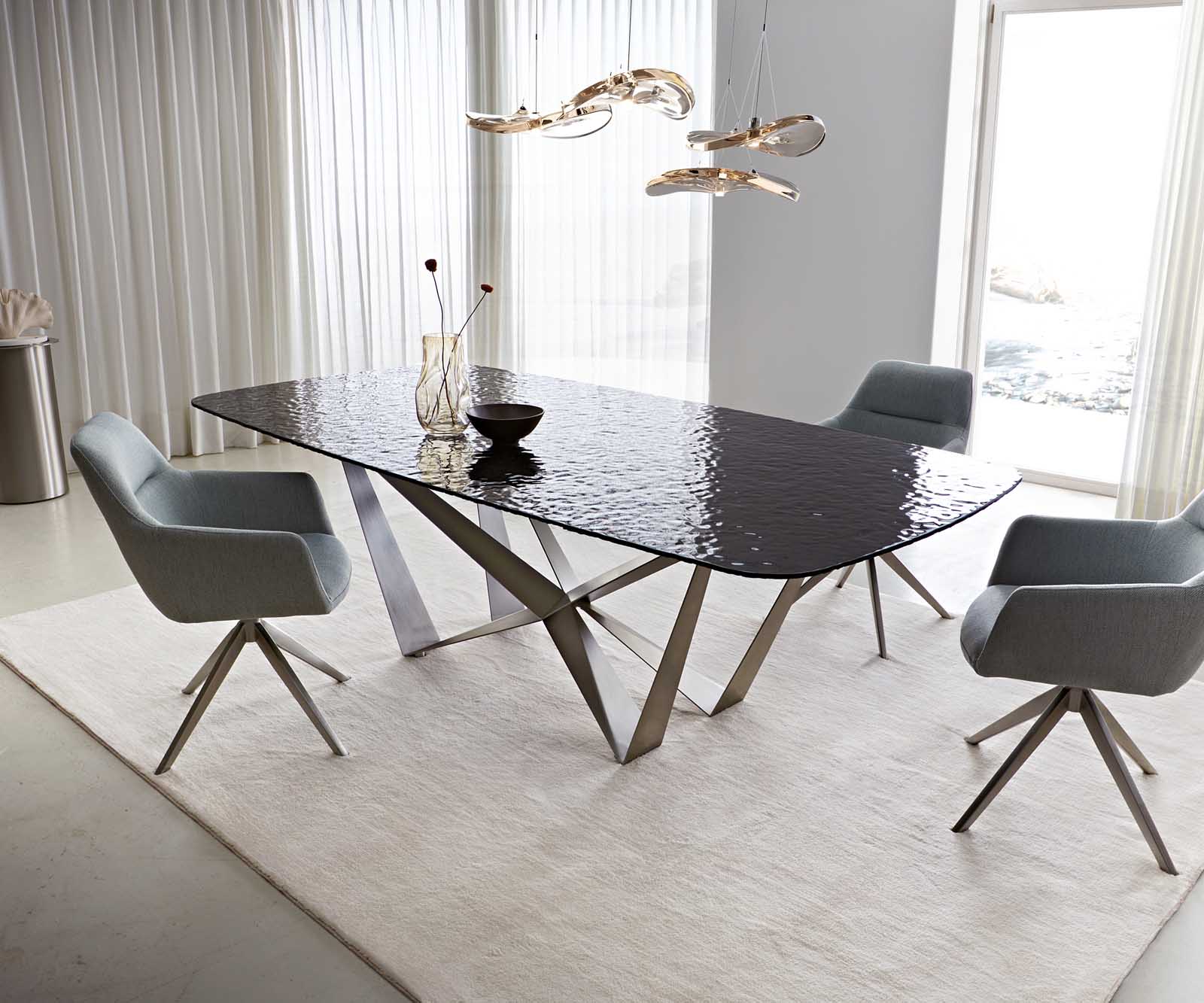 Eetkamertafel Edge Boot 240x120 Glas smelten rokerig zwart 3D-Relief spider vlak staal RVS 2