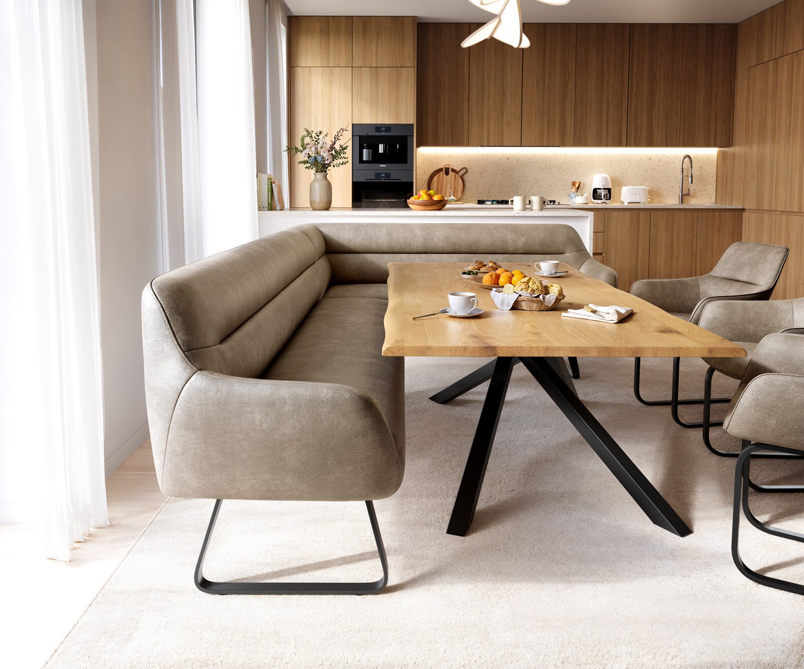 Eetkamerbank Taya-Flex 285x190 cm microvelours beige vintage platte sledebasis zwart pocketvering links 2