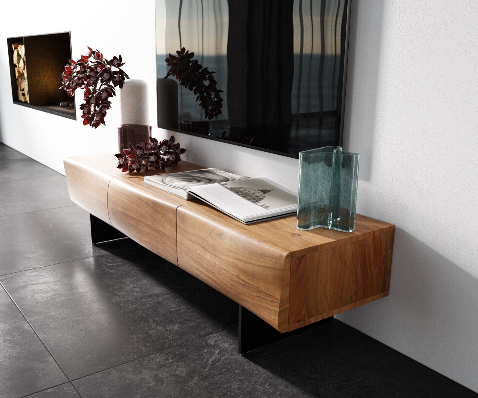 TV-meubel New Live-Edge 145 cm acacia natuur 3 deuren zwevende poot metaal zwart 1