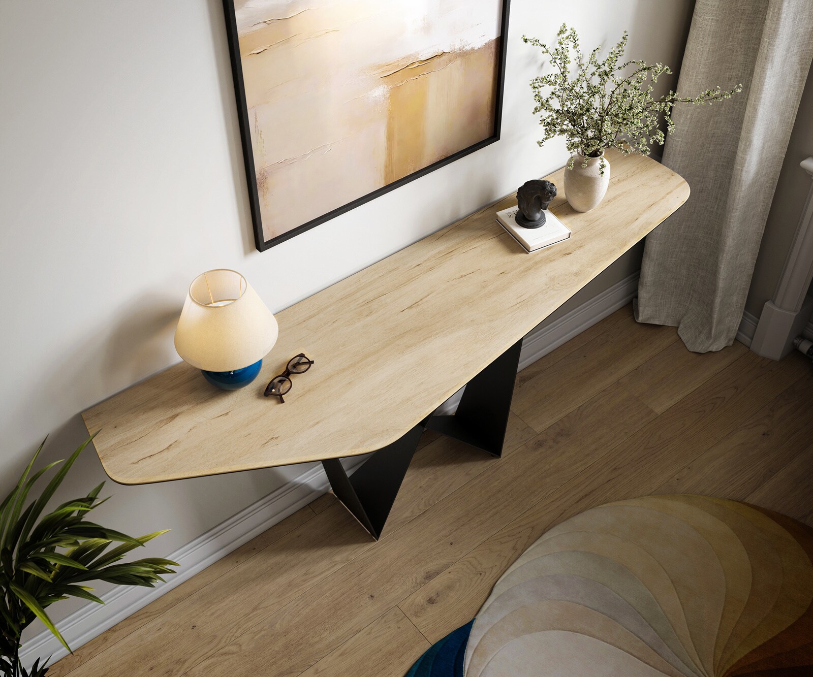 Consoletafel Edge Polygonaal 180x50 cm Keramiek Laminam® Sabbia Eichefarbig Spios Metaal Zwart 2