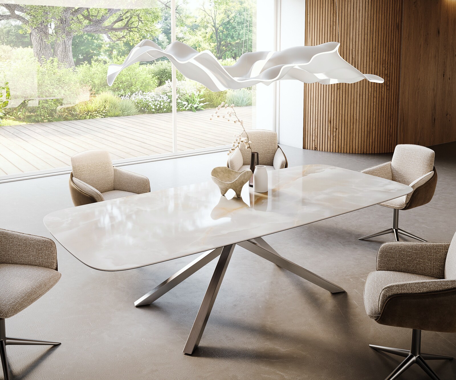 Eetkamertafel Edge Boot 270x120 cm Keramiek Iris FMG Onice Grigio kruisonderstel Rechthoek Roestvrij staal 1