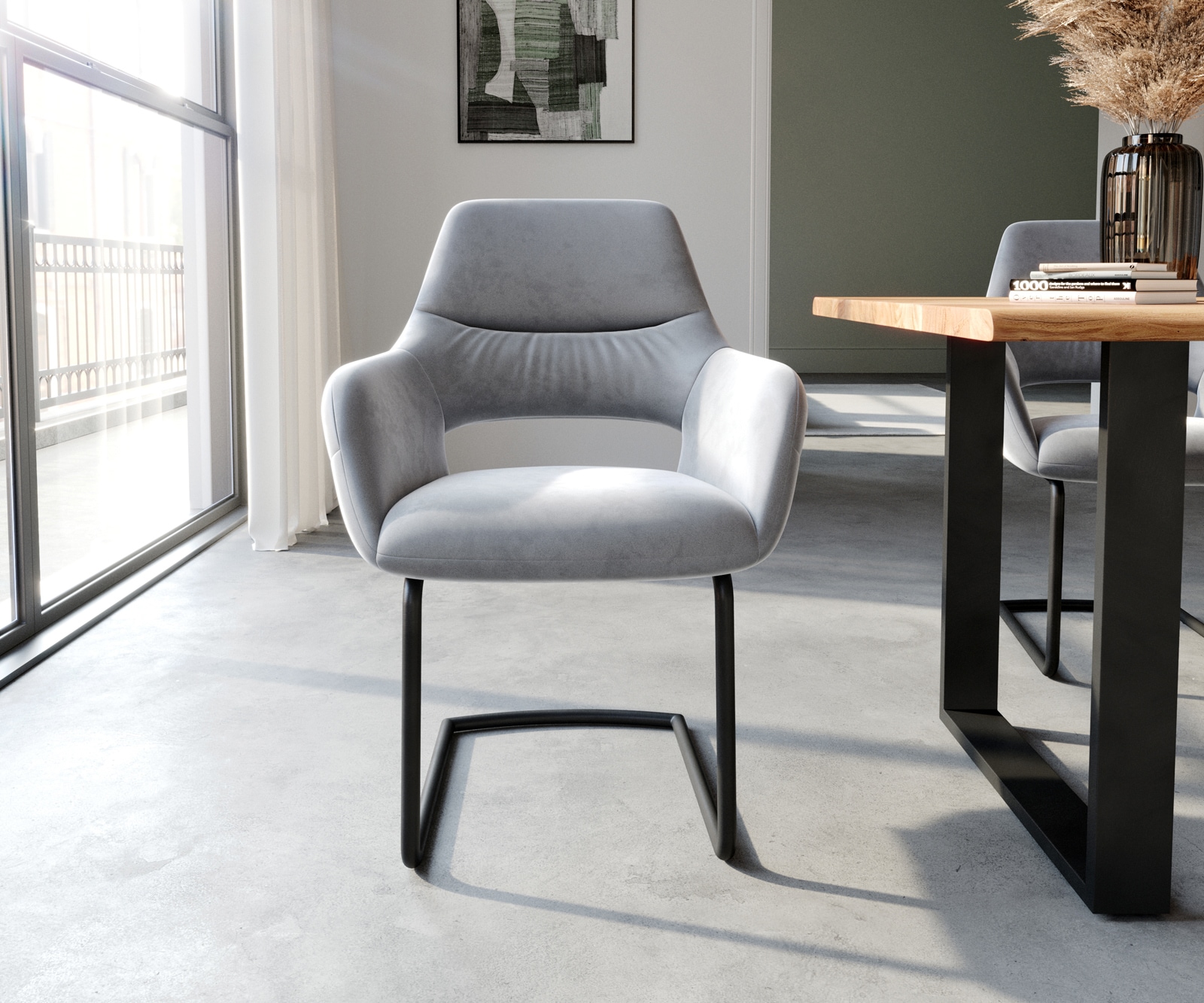 Sledemodel Yago-Flex met armleuning fluweel grijs sledemodel rond zwart pocketveer kern 1 Sledemodel Yago-Flex met armleuning fluweel grijs sledemodel rond zwart pocketveer kern 1