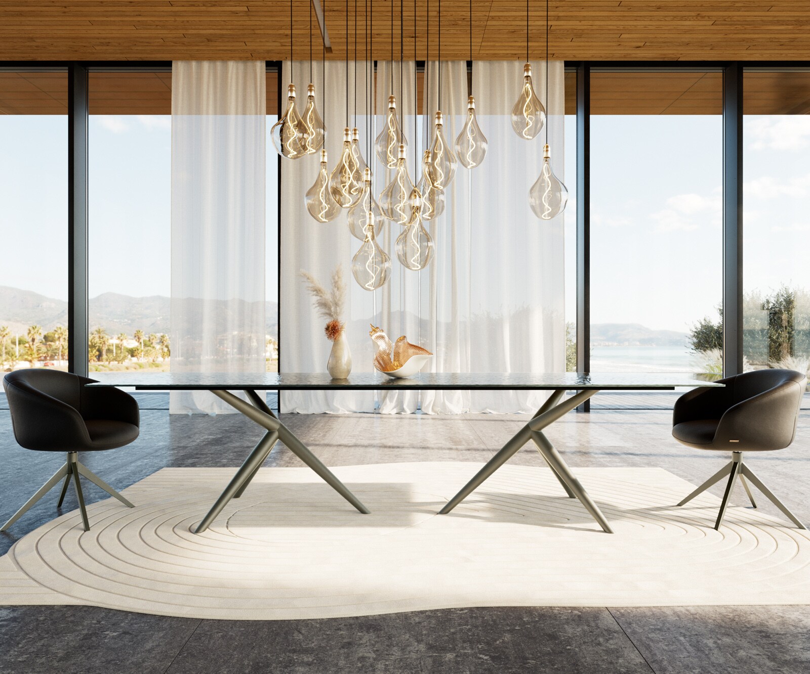 Eettafel Edge 300x100 Reliefglas zwart 3D-Design Estelar rond  metaal effectafwerking titaan 1