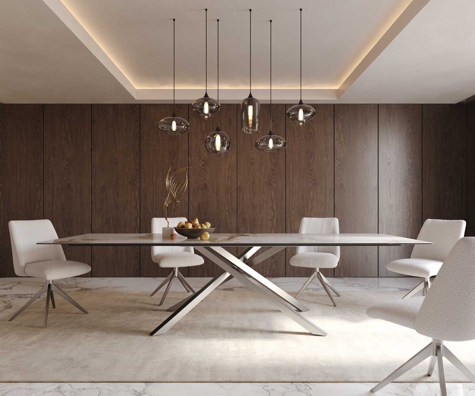 Eetkamertafel Edge 300x100 keramiek Minas Melange wit-beige kruisframe rechthoek RVS 2